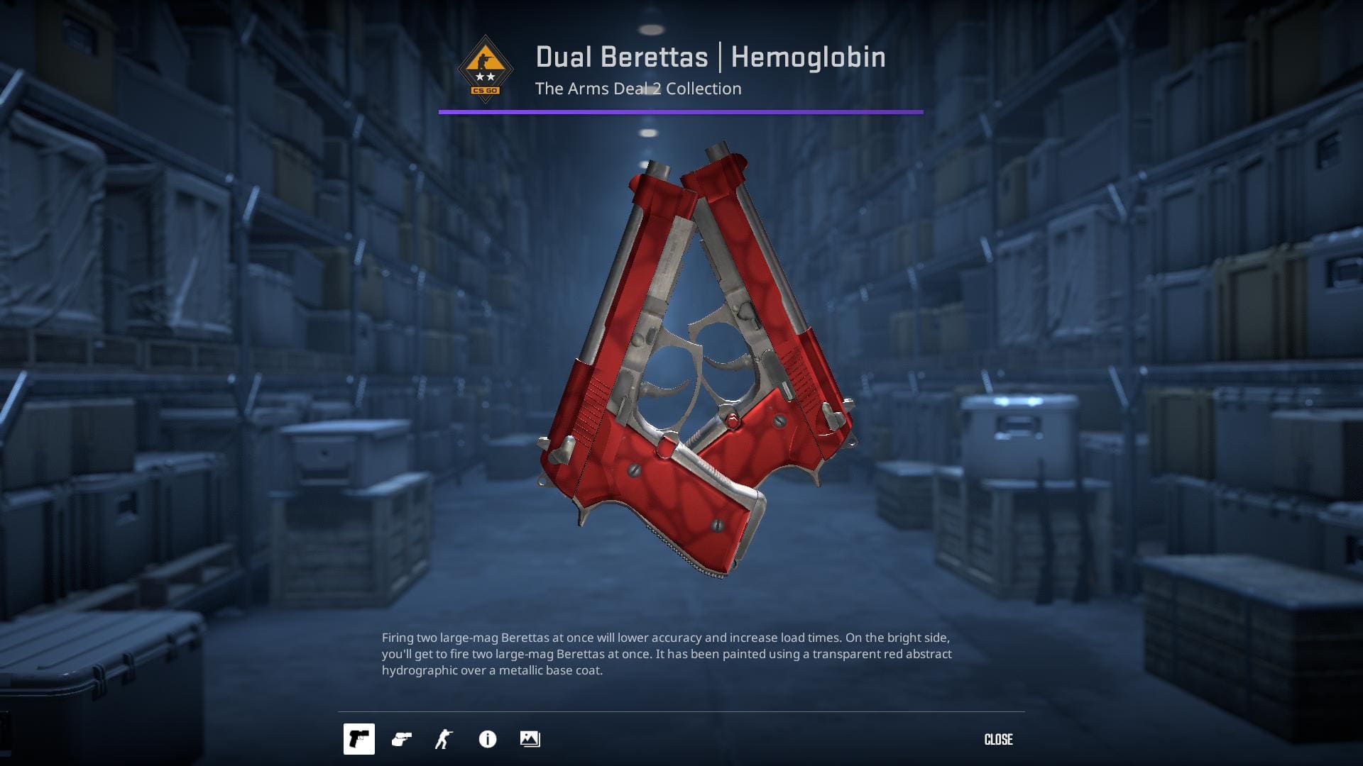 High-resolution image of the Hemoglobin Dual Berettas skin in Counter-Strike 2.