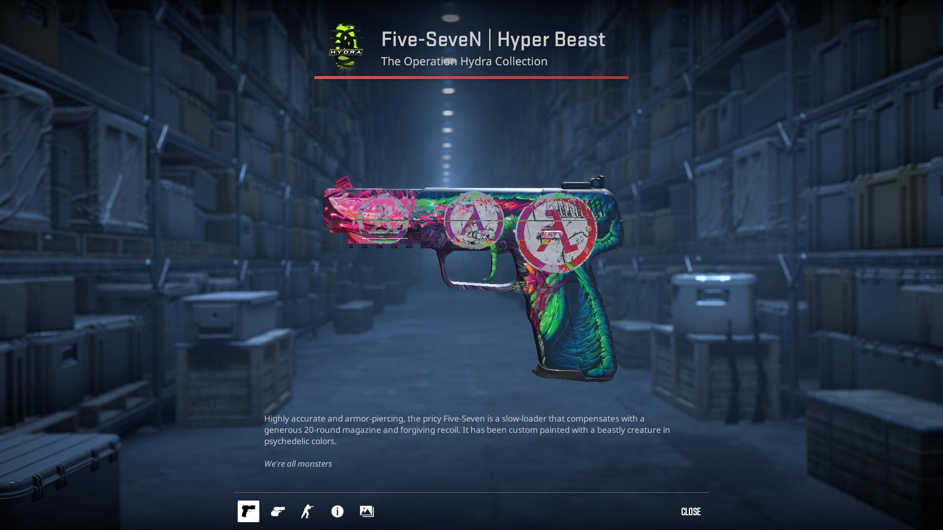 High-resolution image of the Hyper Beast Five-SeveN skin in Counter-Strike 2.