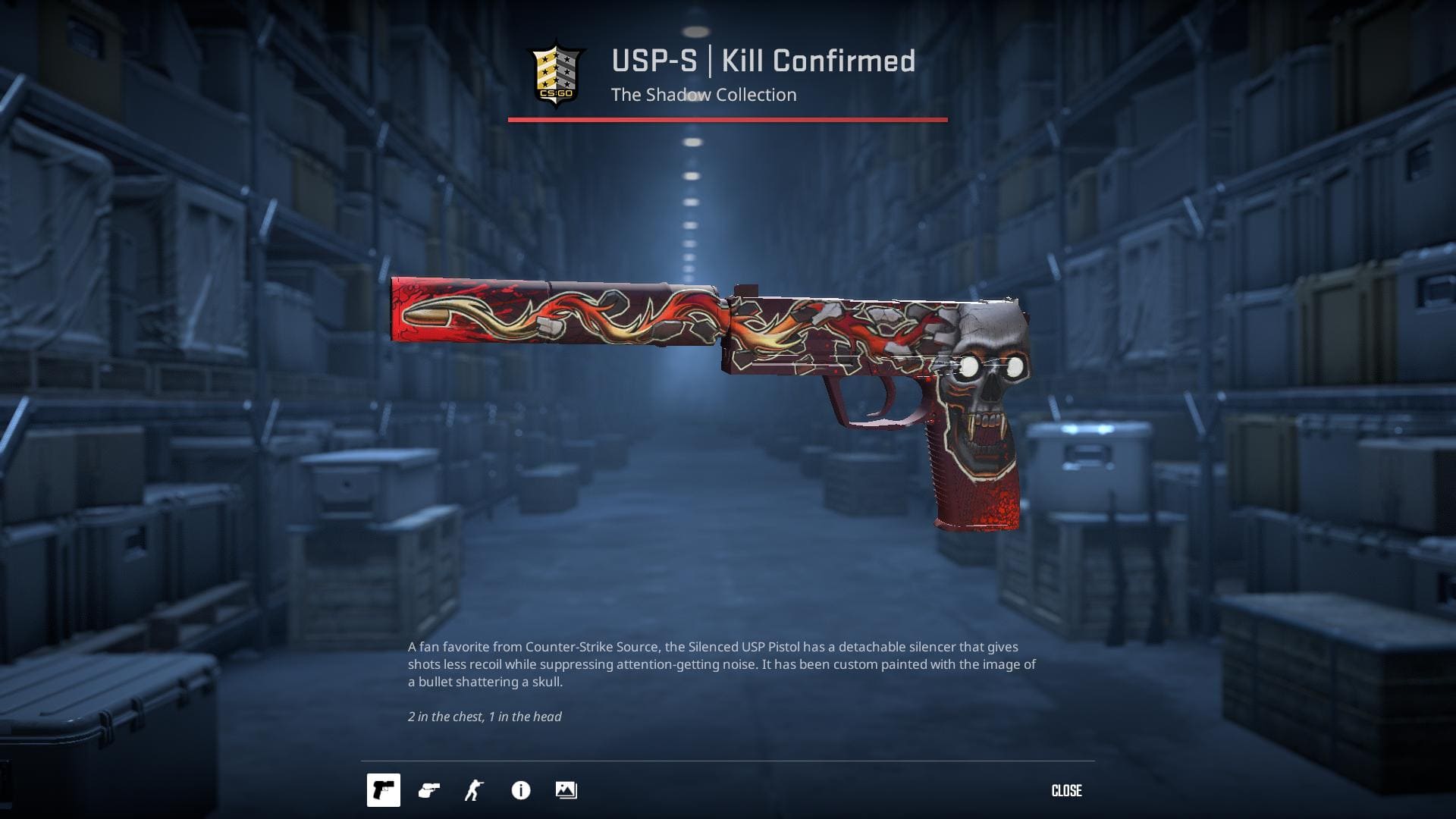 Image of a USP-S Kill Confirmed skin in Counter-Strike 2, featuring a bold red and black design with a skull and crossbones motif.