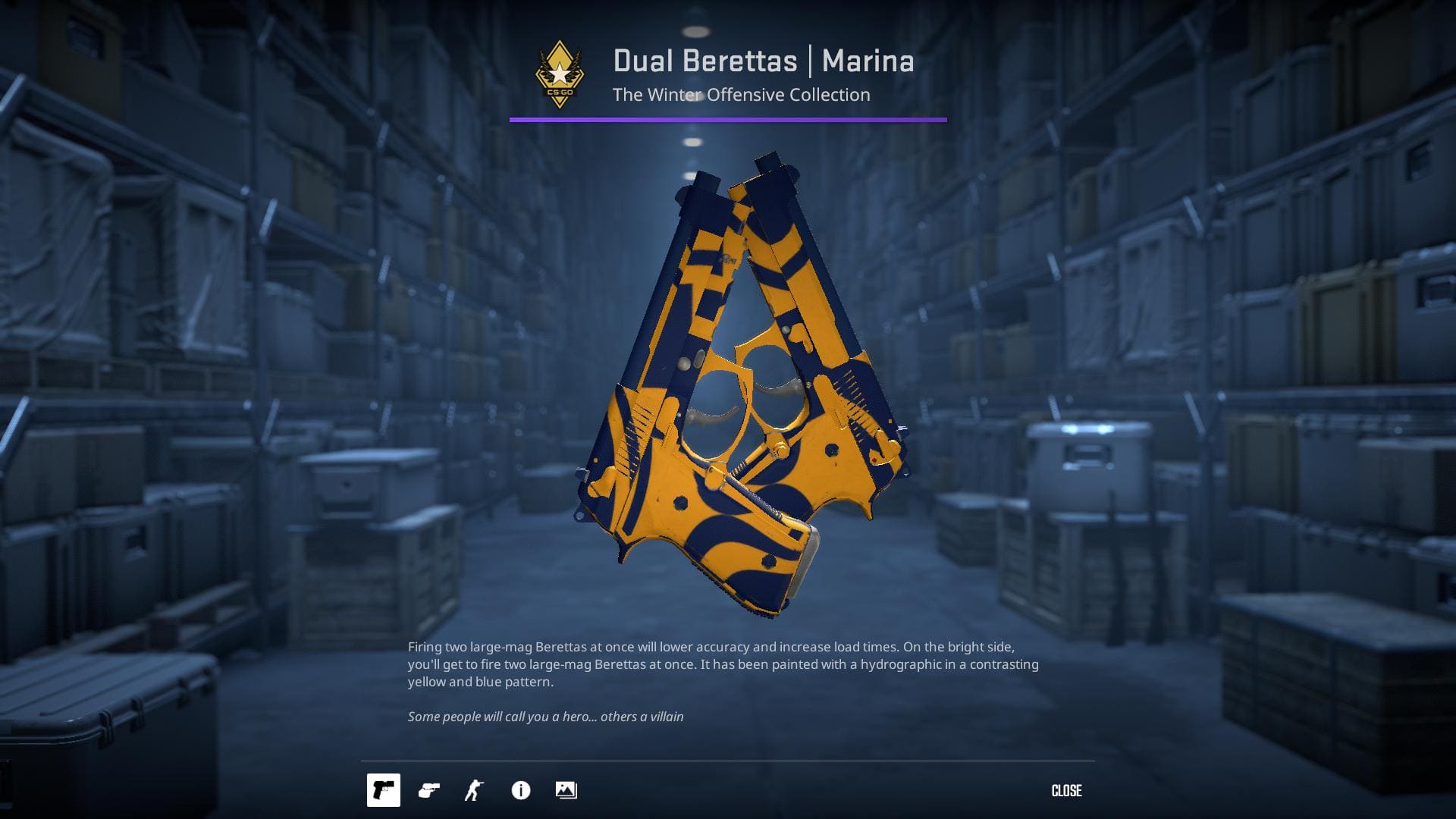 High-resolution image of the Marina Dual Berettas skin in Counter-Strike 2. Title: Marina Dual Berettas Skin