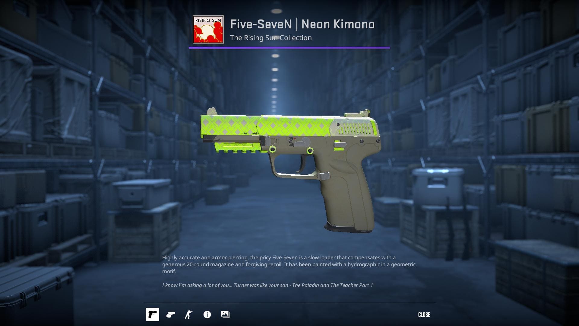 High-resolution image of the Neon Kimono Five-SeveN skin in Counter-Strike 2.