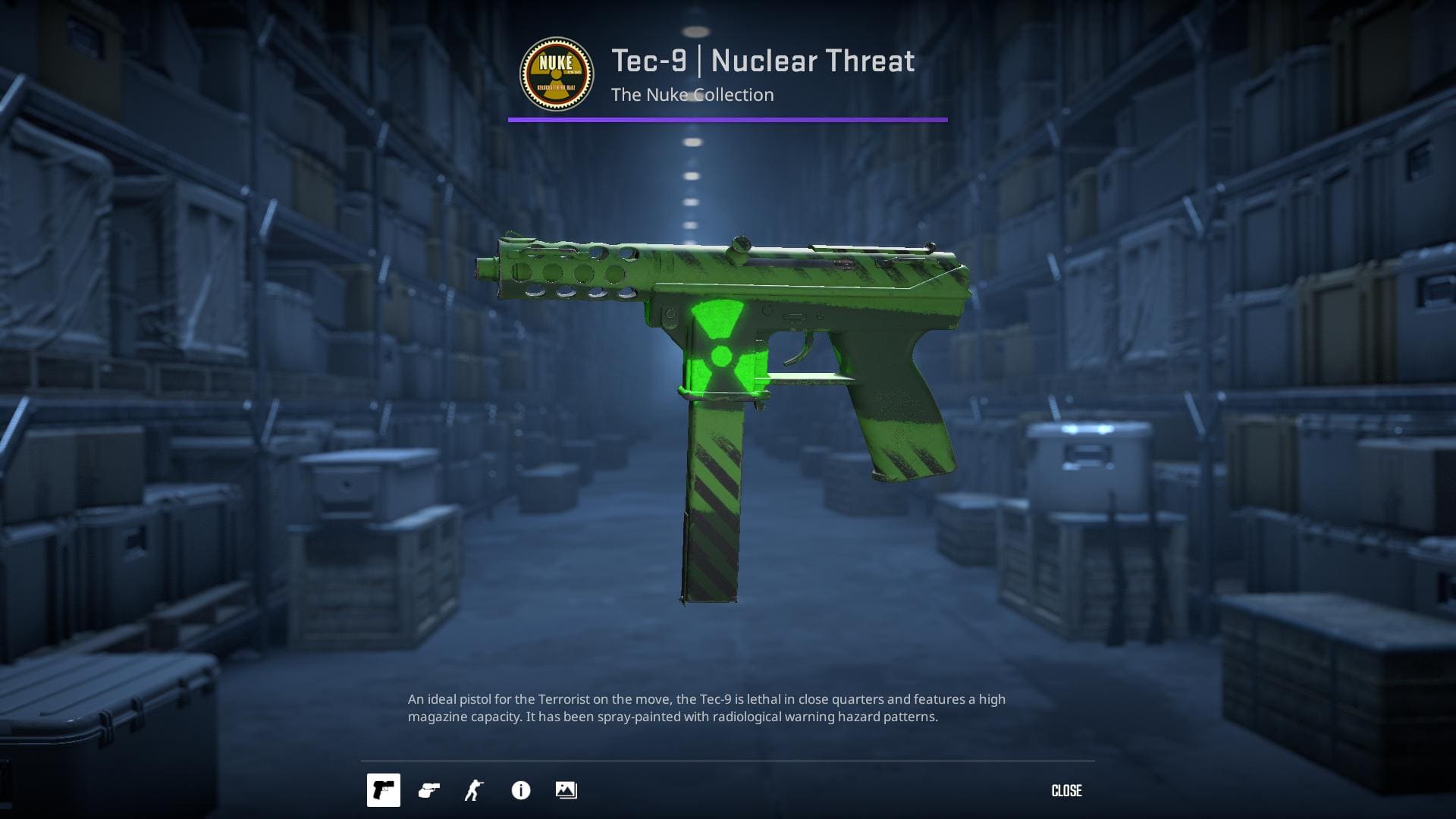 Image of a Tec-9 Nuclear Threat skin in Counter-Strike 2, featuring a radioactive green and yellow design with hazard symbols.