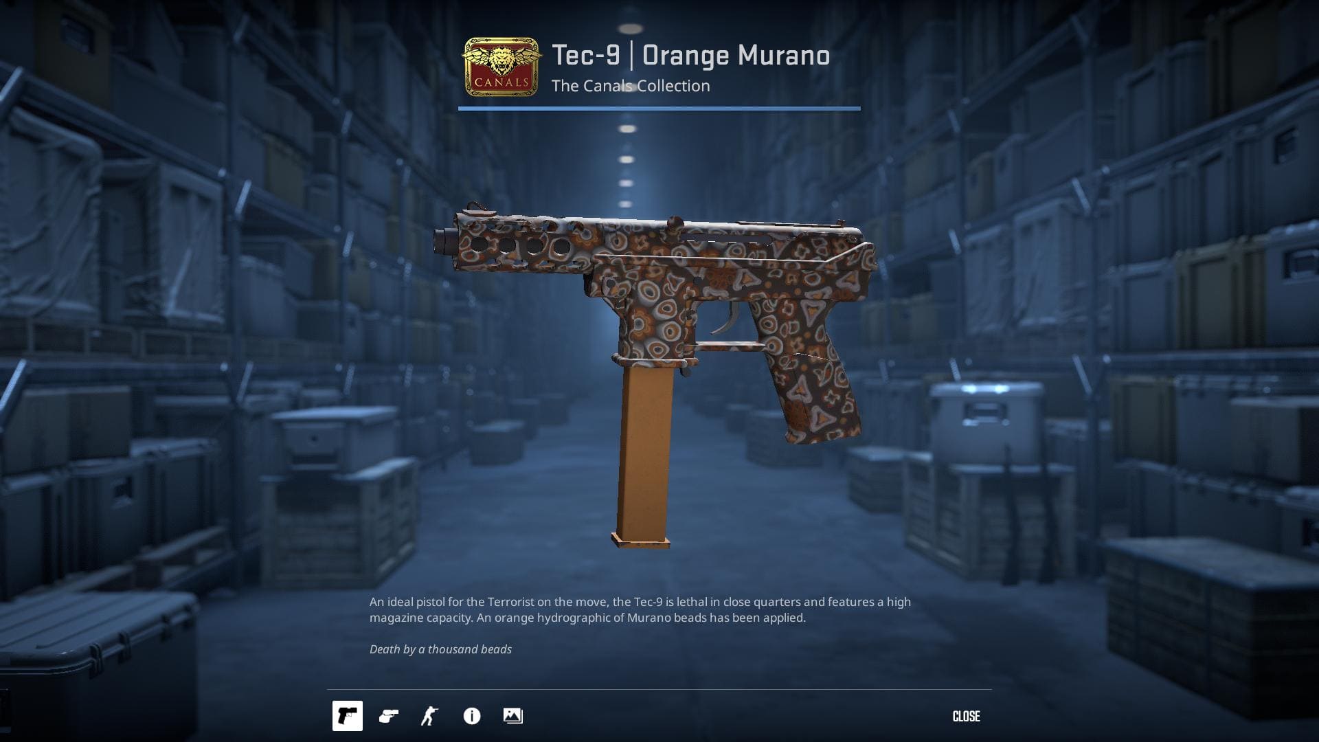 Image of a Tec-9 Orange Murano skin in Counter-Strike 2, featuring a vibrant orange and black design with intricate patterns.