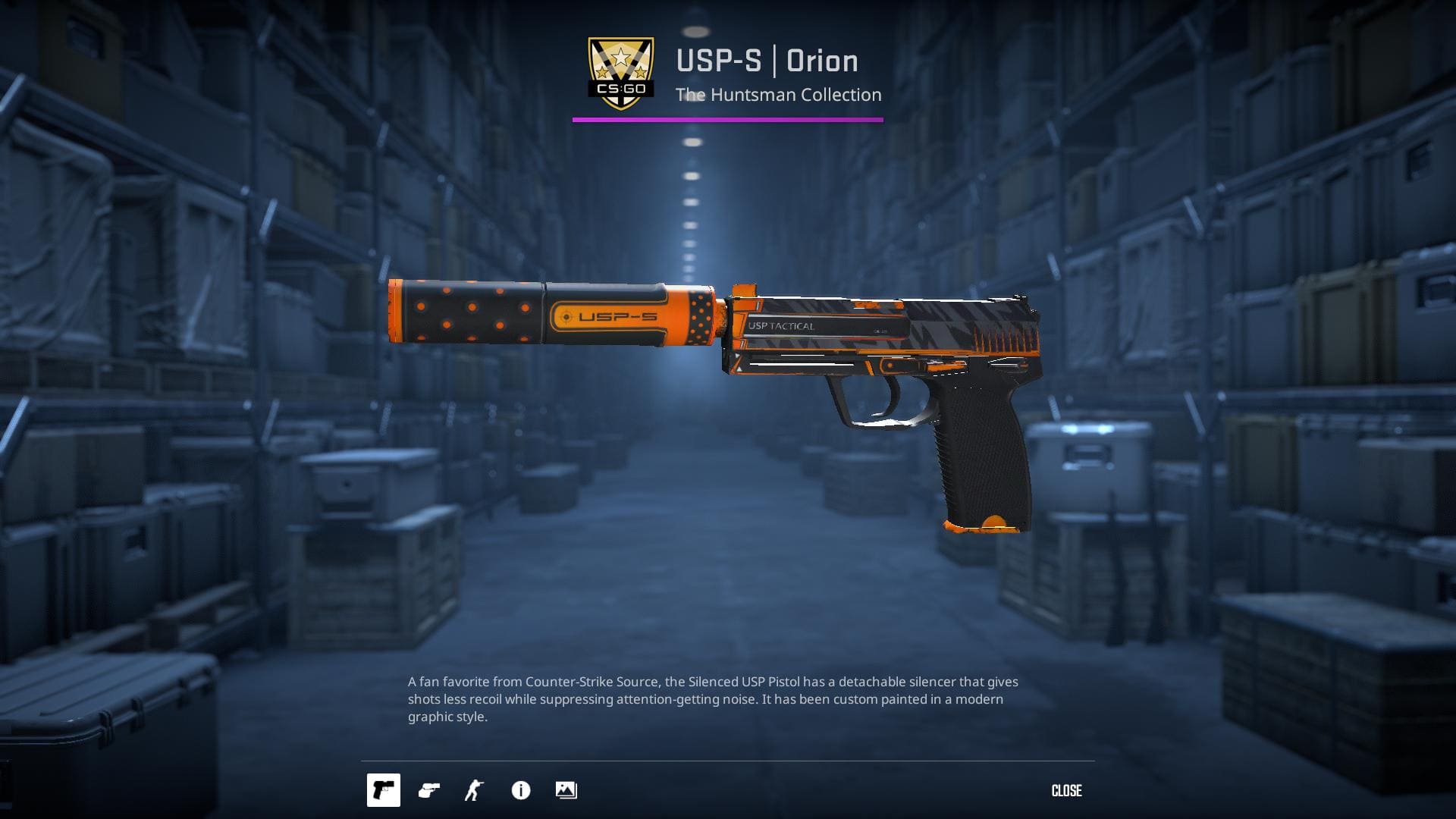 Image of a USP-S Orion skin in Counter-Strike 2, featuring a sleek, futuristic design with blue and silver accents.