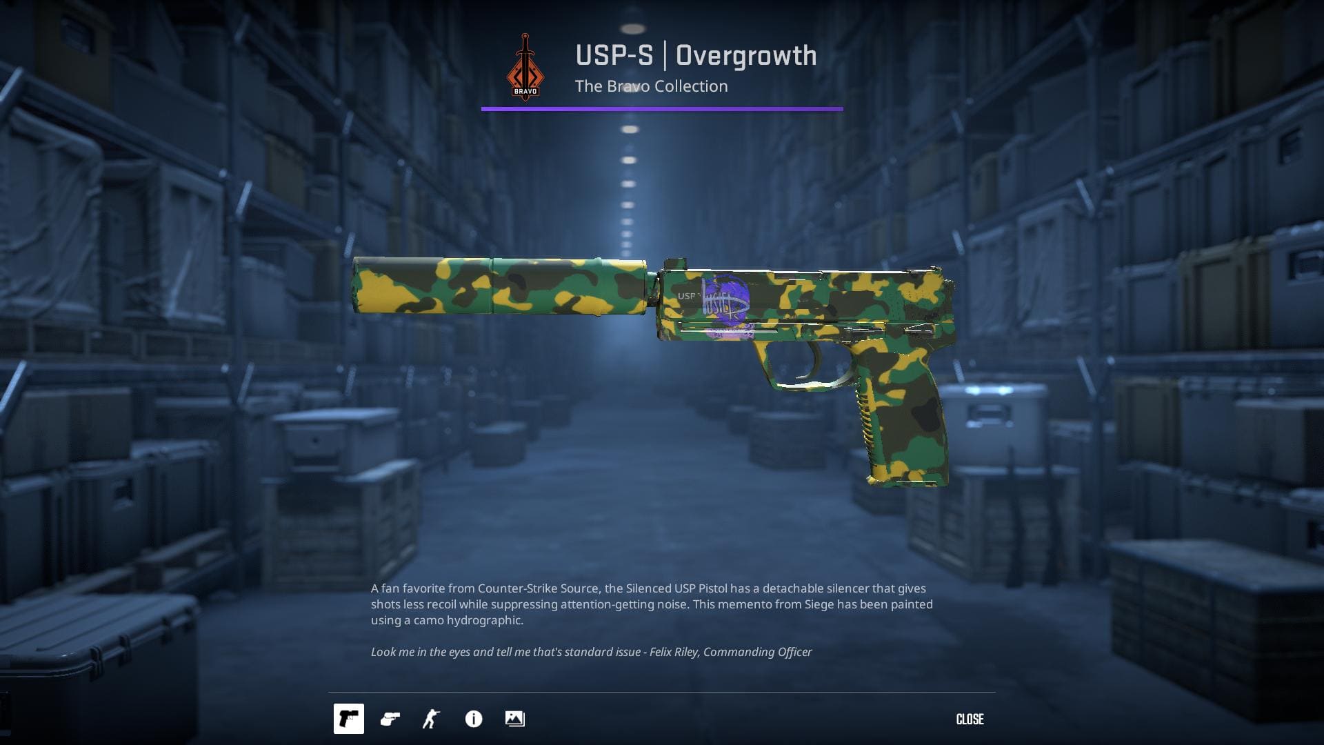 Image of a USP-S Overgrowth skin in Counter-Strike 2, featuring a lush, green design with leafy patterns and earthy tones.