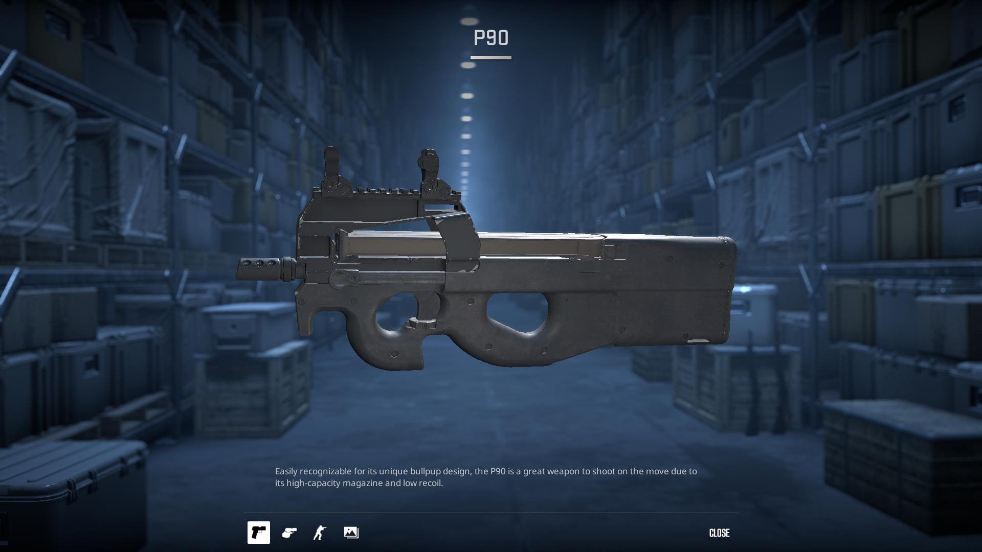 Image of the default P90 submachine gun skin in Counter-Strike 2.