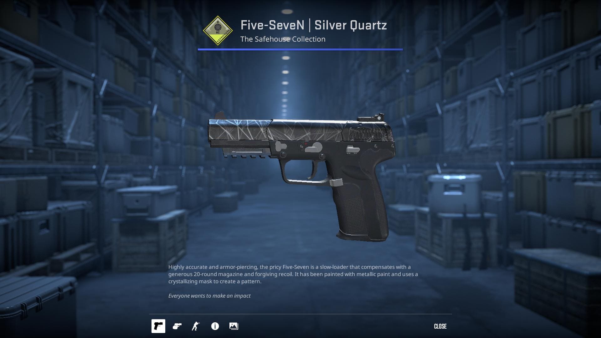 High-resolution image of the Silver Quartz Five-SeveN skin in Counter-Strike 2.