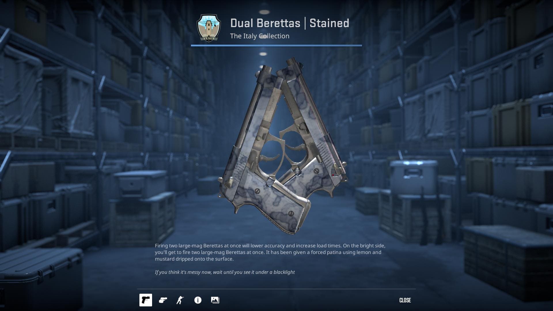 High-resolution image of the Stained Dual Berettas skin in Counter-Strike 2.