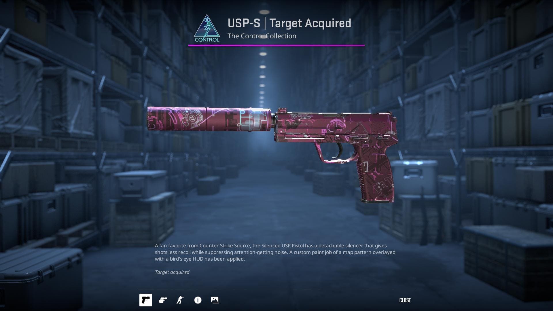 Image of a USP-S Target Acquired skin in Counter-Strike 2, featuring a tactical design with red and black accents and crosshair motifs.