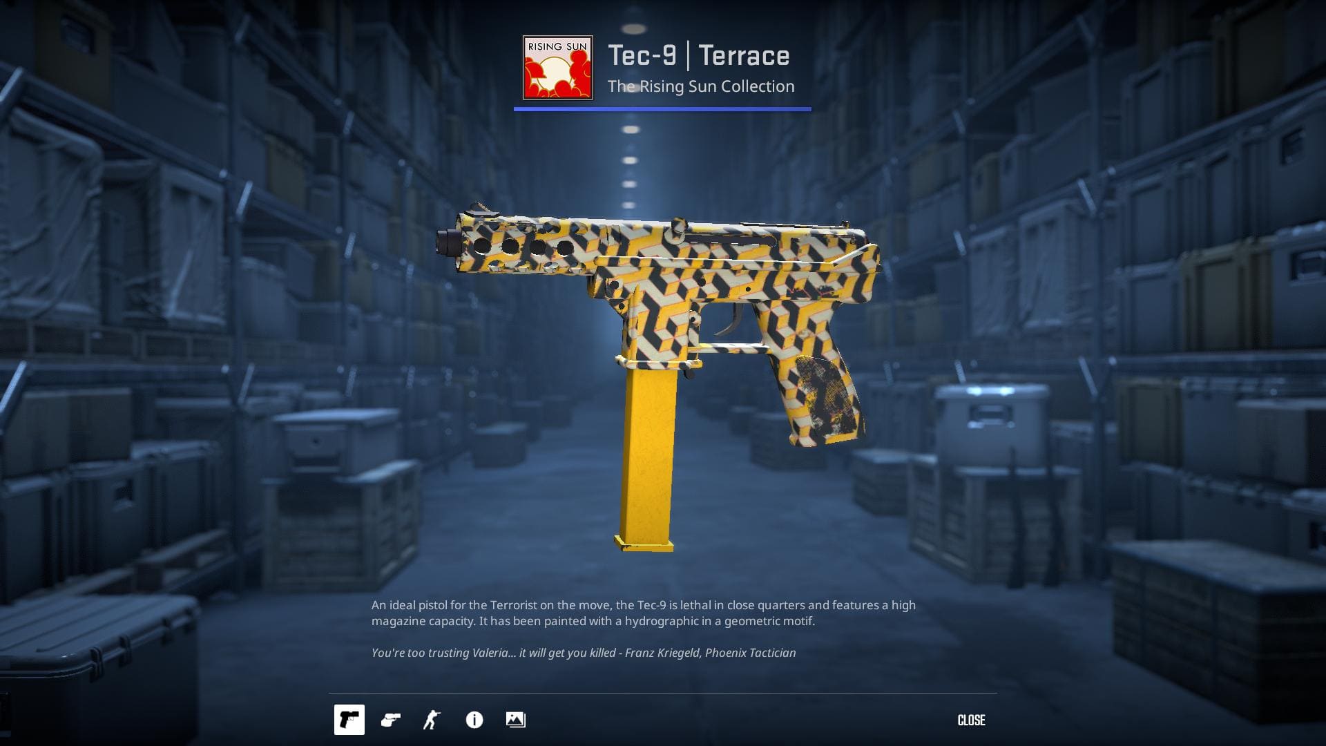 Image of a Tec-9 Terrace skin in Counter-Strike 2, featuring a rustic, earthy design with brown and green tones.