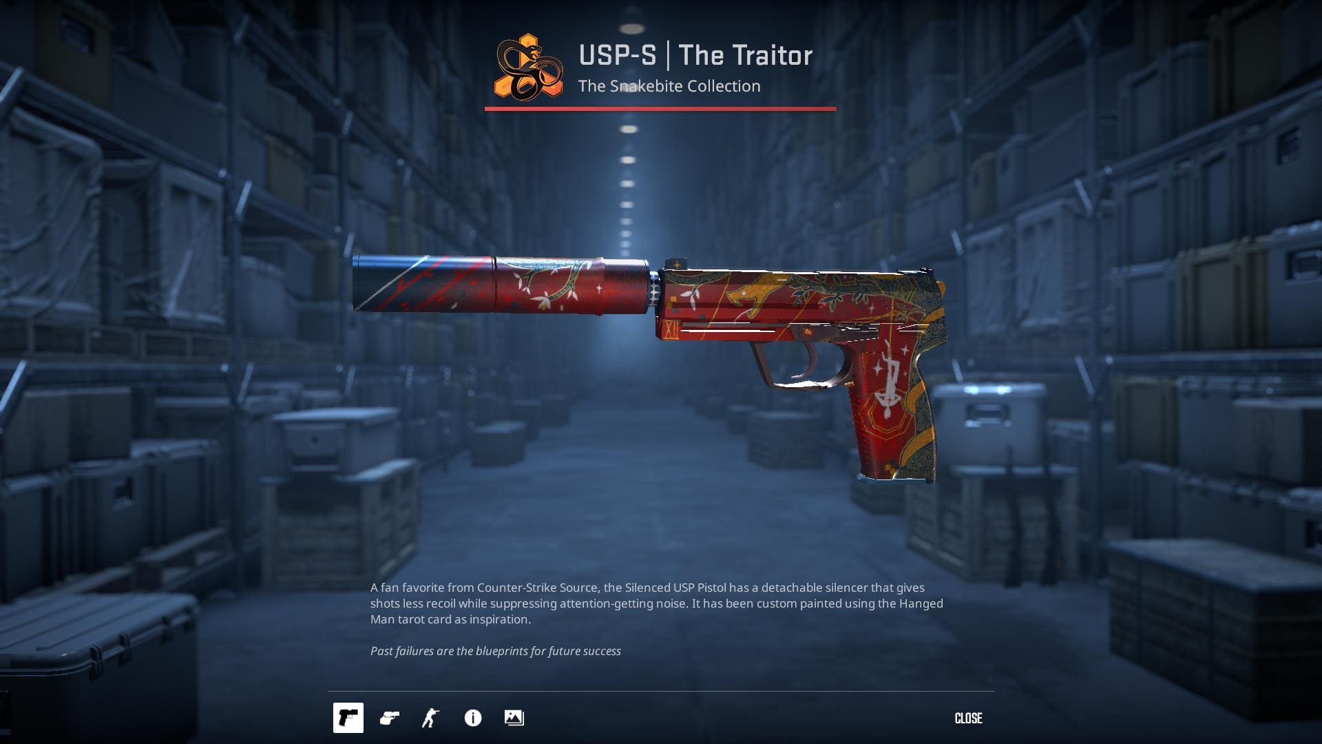 Image of a USP-S The Traitor skin in Counter-Strike 2, featuring a dark and mysterious design with black and red accents and a skull motif.