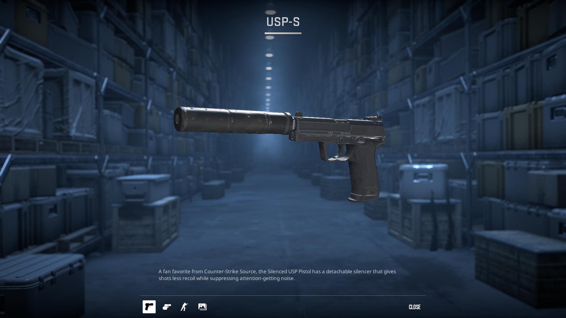 Image of the default USP-S pistol skin in Counter-Strike 2.