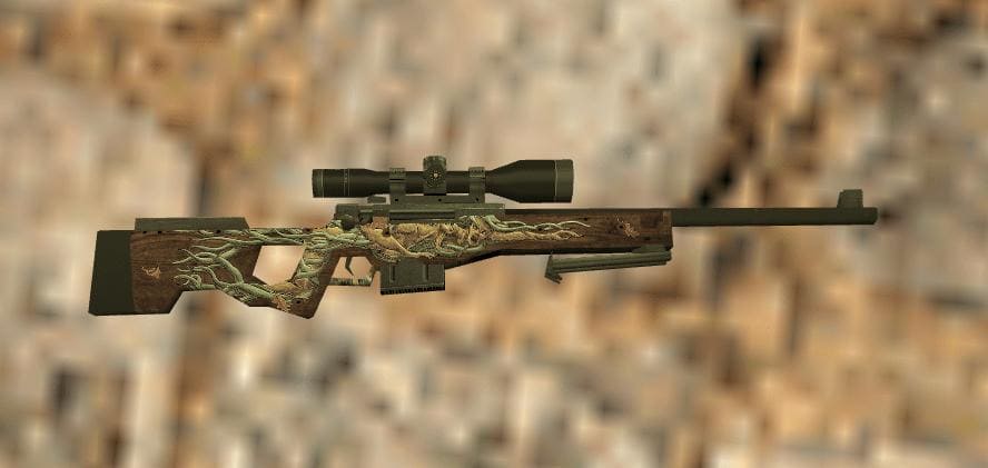 A close-up view of the AWP Banshee skin in Counter-Strike 1.6, featuring an elegant wood and green vine design.