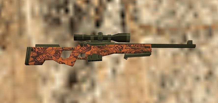 A close-up view of the AWP Boom skin in Counter-Strike 1.6, featuring an orange design with comic-style "Boom" graphics.