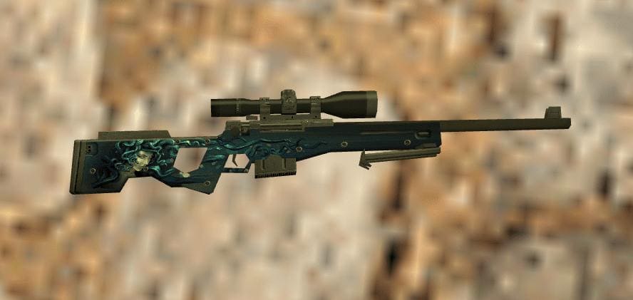 AWP Medusa Skin in Counter-Strike 1.6 with a mesmerizing teal snake design on the rifle's body.