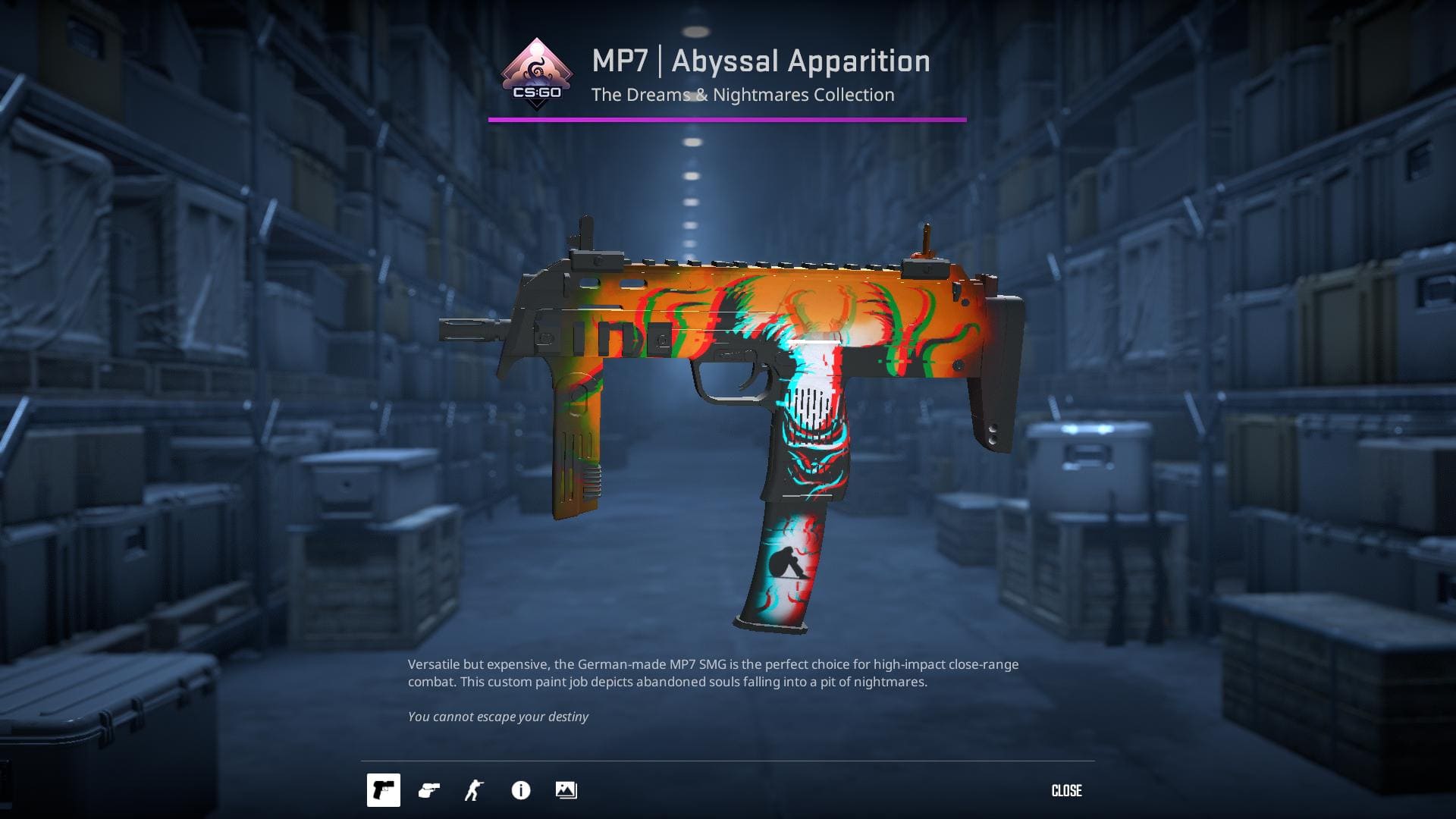 MP7 Abyssal Apparition skin from Counter-Strike 2, featuring a dark, eerie design with a ghostly apparition on the magazine.