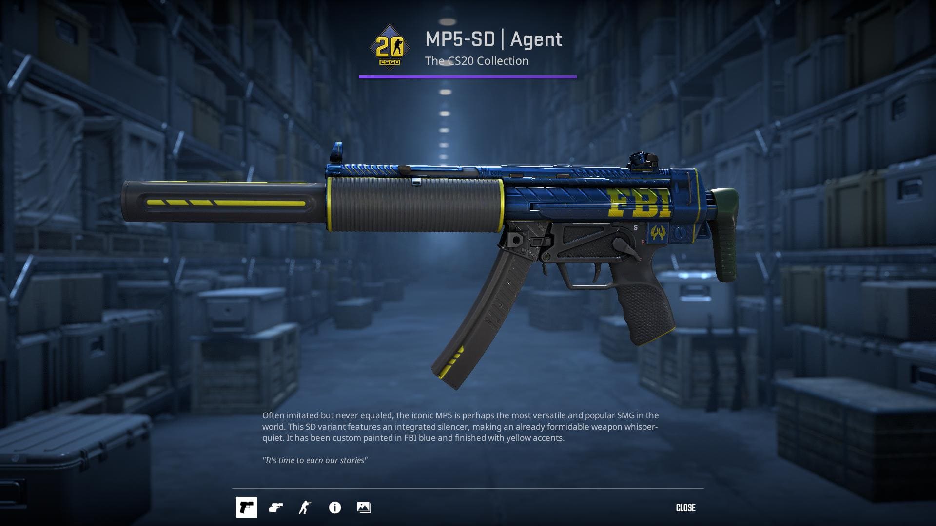 MP5-SD Agent skin from Counter-Strike 2, rocking a full blue base with yellow accents and FBI markings.