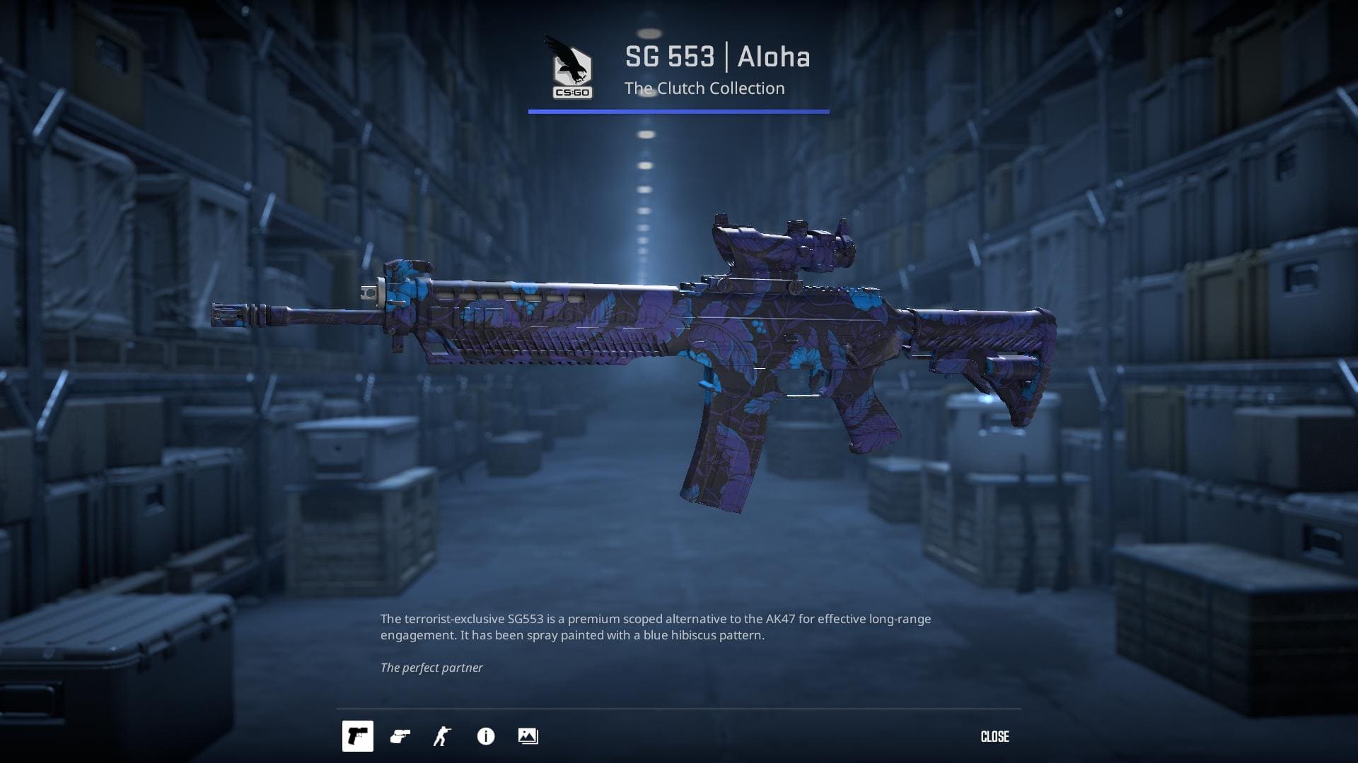 SG 553 Aloha skin with a blue hibiscus pattern.