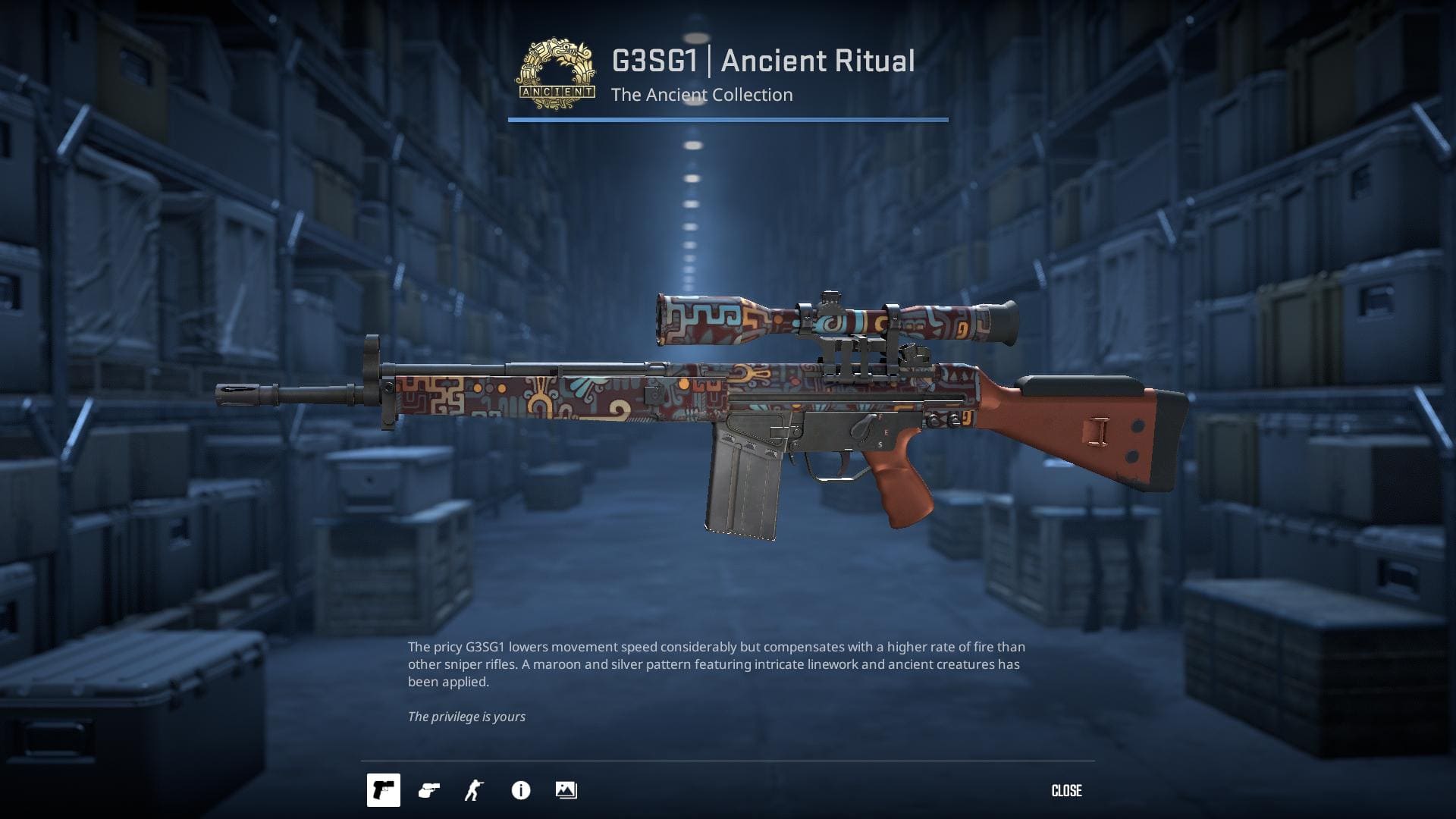 G3SG1 Ancient Ritual rifle skin featuring intricate maroon and silver patterns with ancient creatures.