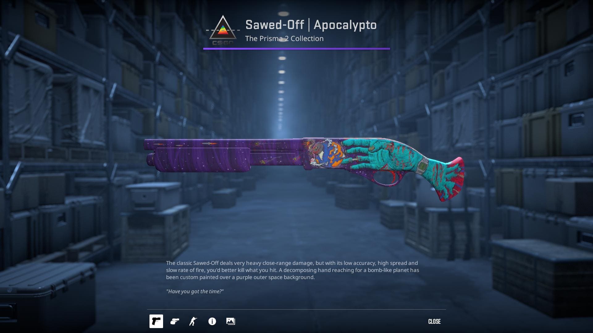 A vibrant, colorful Sawed-Off shotgun with a purple and teal space-themed design.