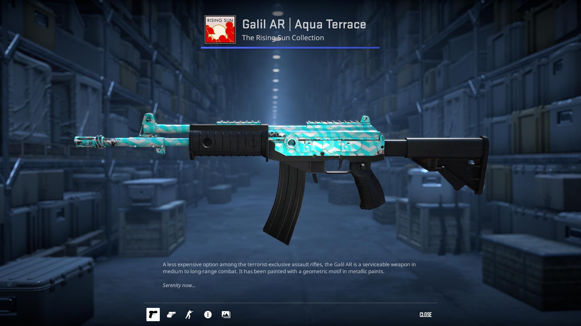 An image of the Aqua Terrace skin for the Galil AR in Counter-Strike 2, featuring a geometric motif in metallic paint.