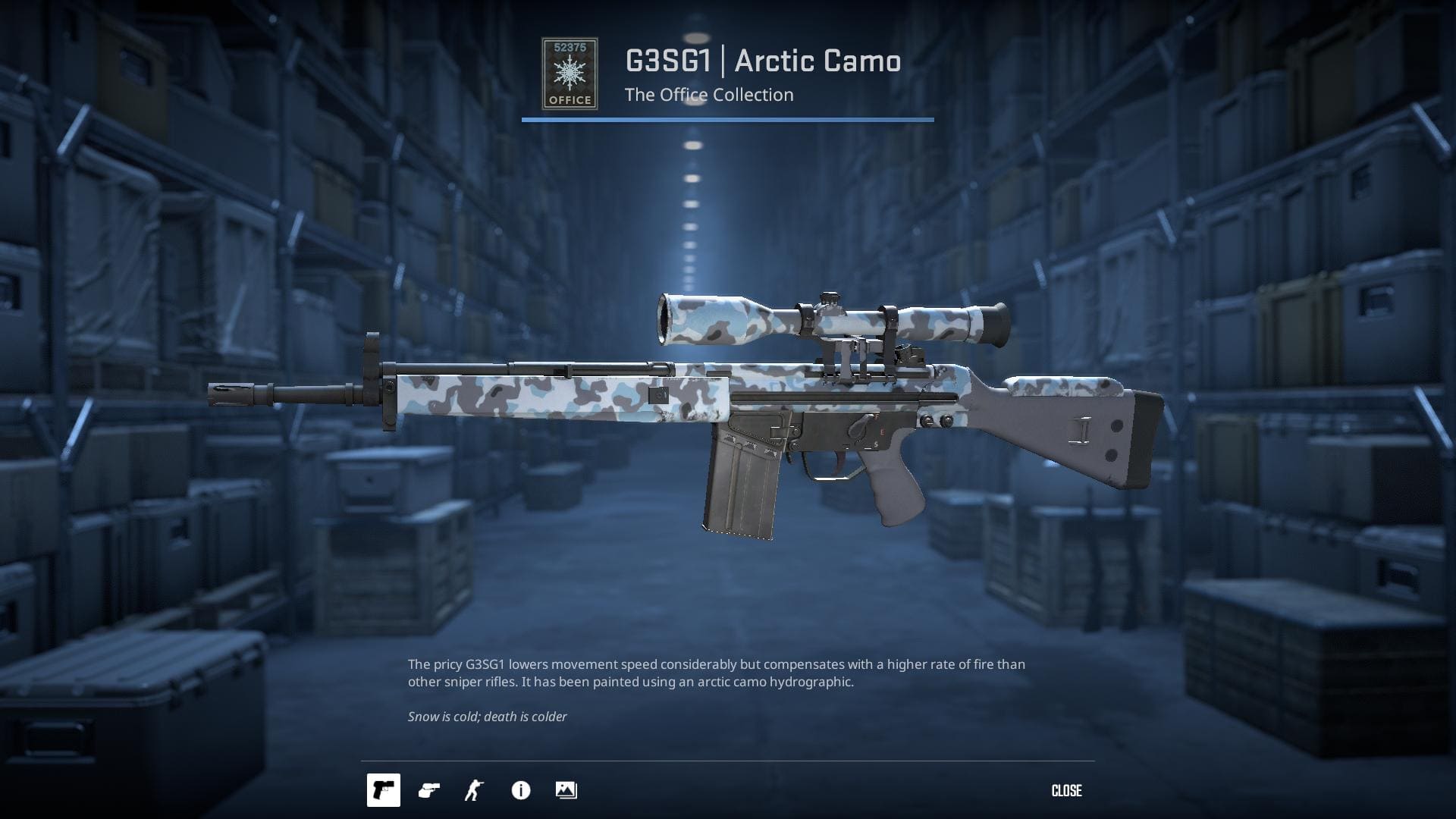 G3SG1 Arctic Camo rifle skin with a sleek arctic camo hydrographic design.