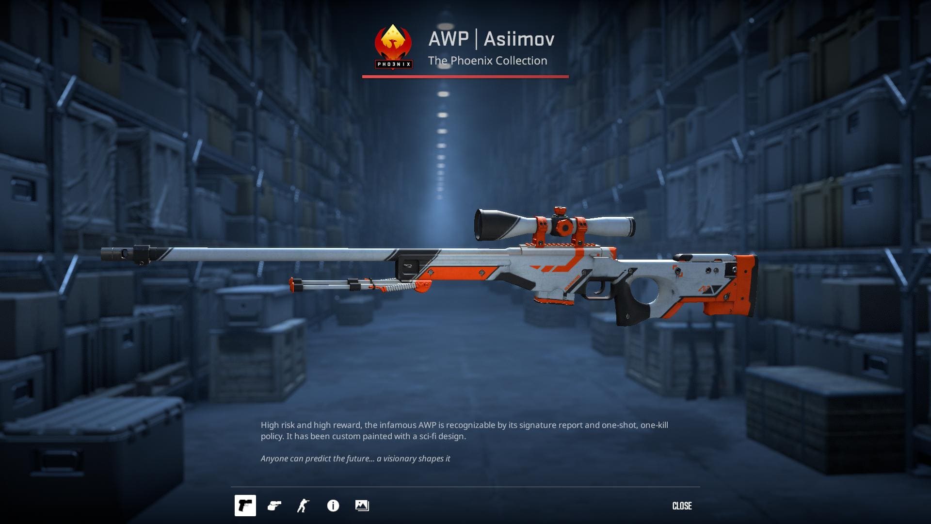 AWP Asiimov skin with a sleek, futuristic design featuring orange and white accents.