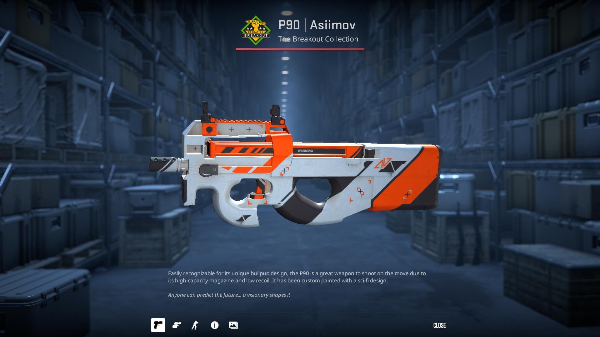 A high-definition image of the P90 submachine gun with an Asiimov skin, featuring a sleek white and orange sci-fi design. The gun is displayed in a warehouse setting.