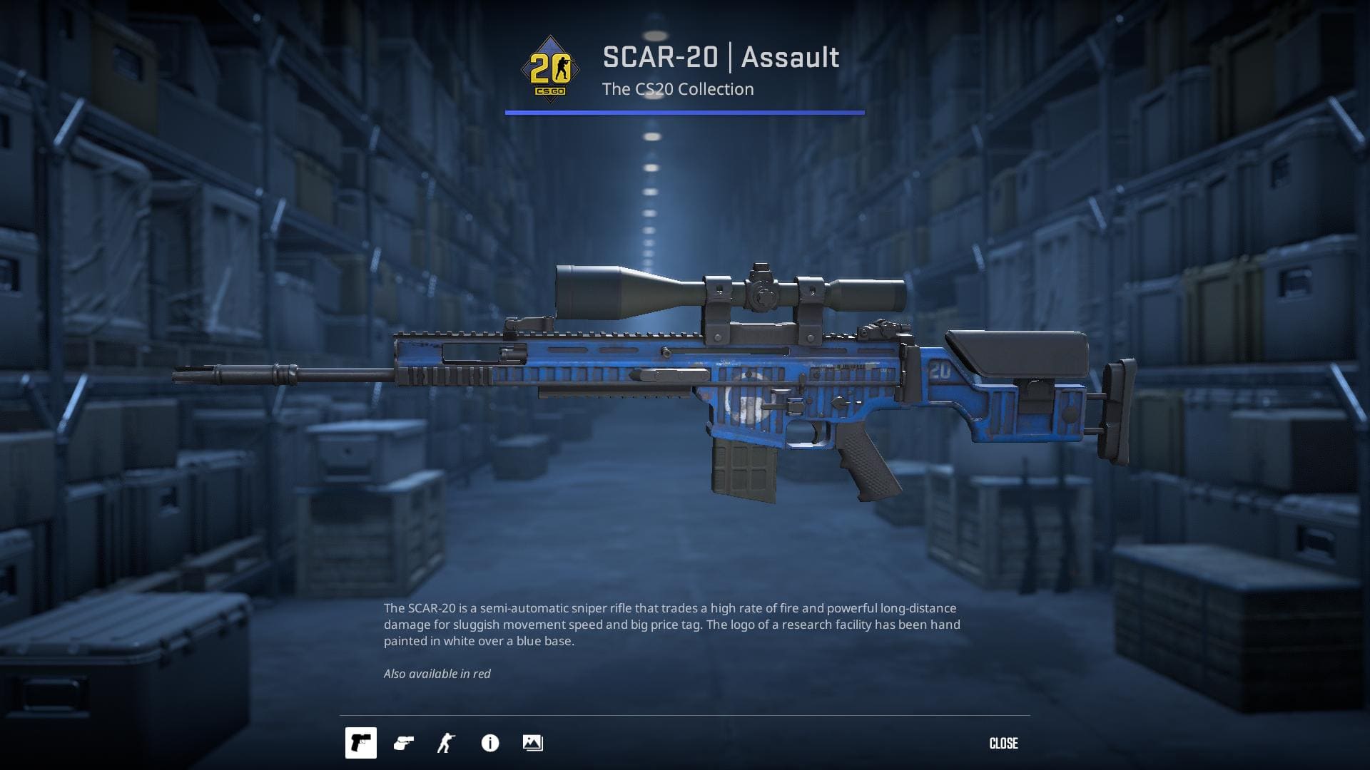 A high-definition image of the SCAR-20 rifle skin named "Assault" from the CS20 Collection in Counter-Strike 2. The rifle features a hand-painted logo of a research facility in white over a blue base.