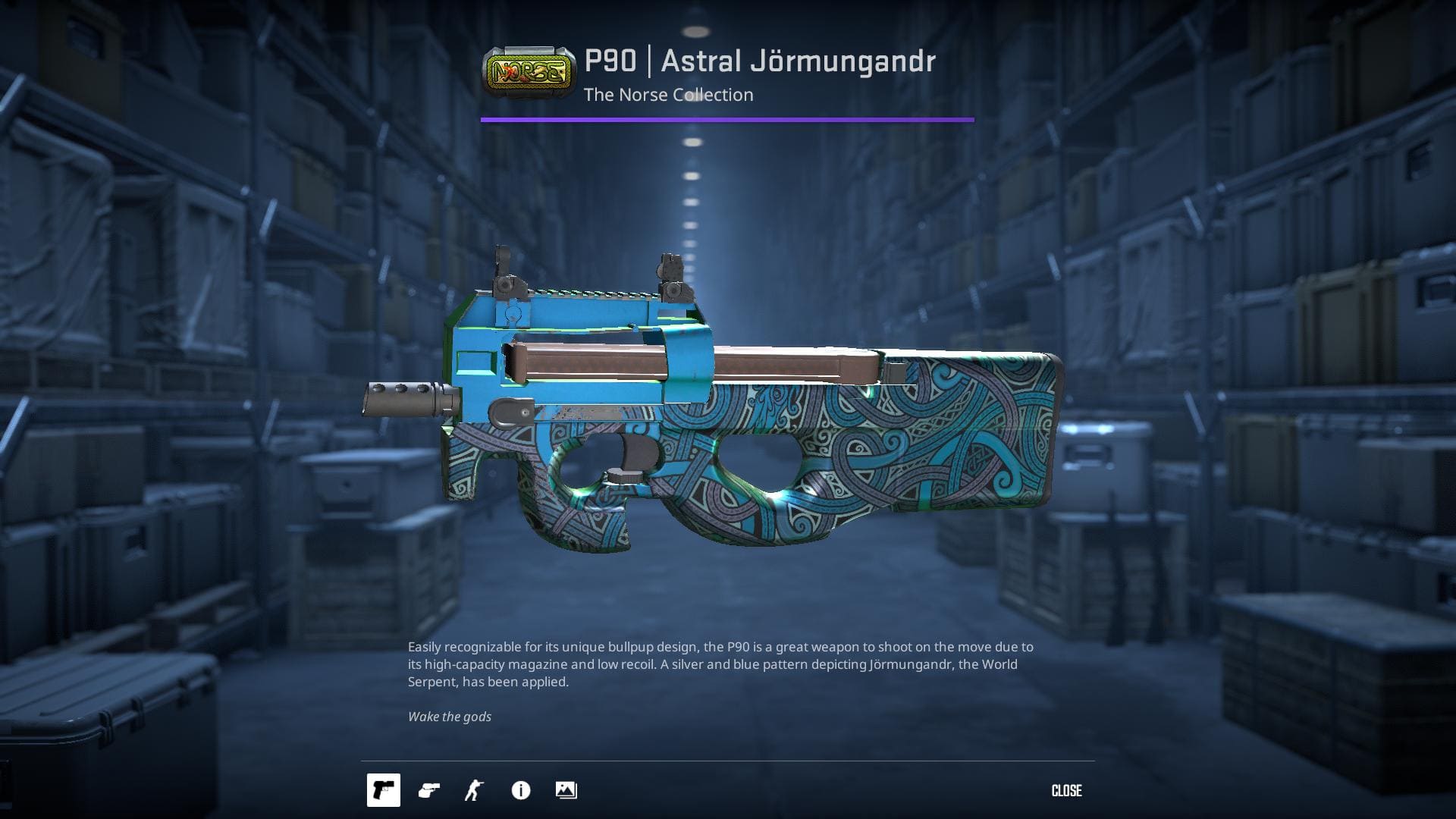 A detailed image of the P90 submachine gun with an Astral Jörmungandr skin, showcasing a silver and blue pattern depicting Jörmungandr, the World Serpent.