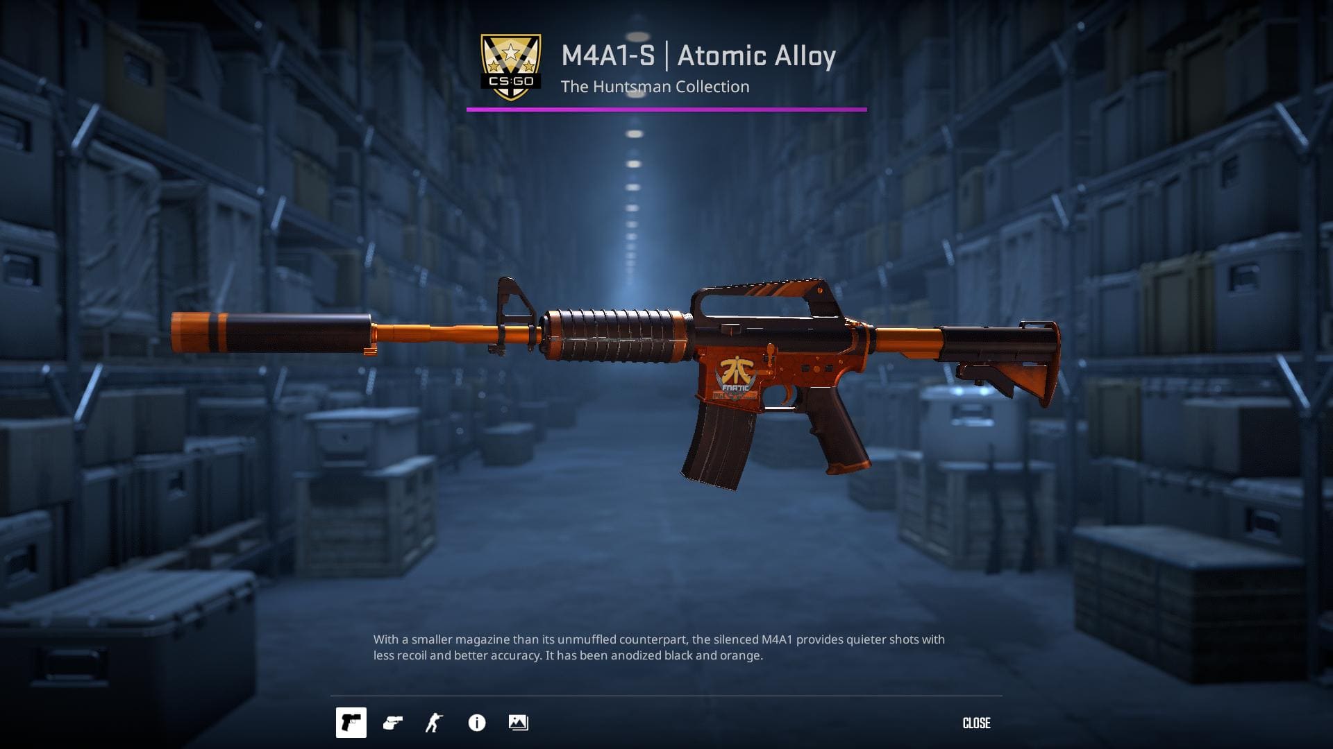 A detailed image of the M4A1-S Atomic Alloy skin from Counter-Strike 2, featuring a sleek black and orange design.