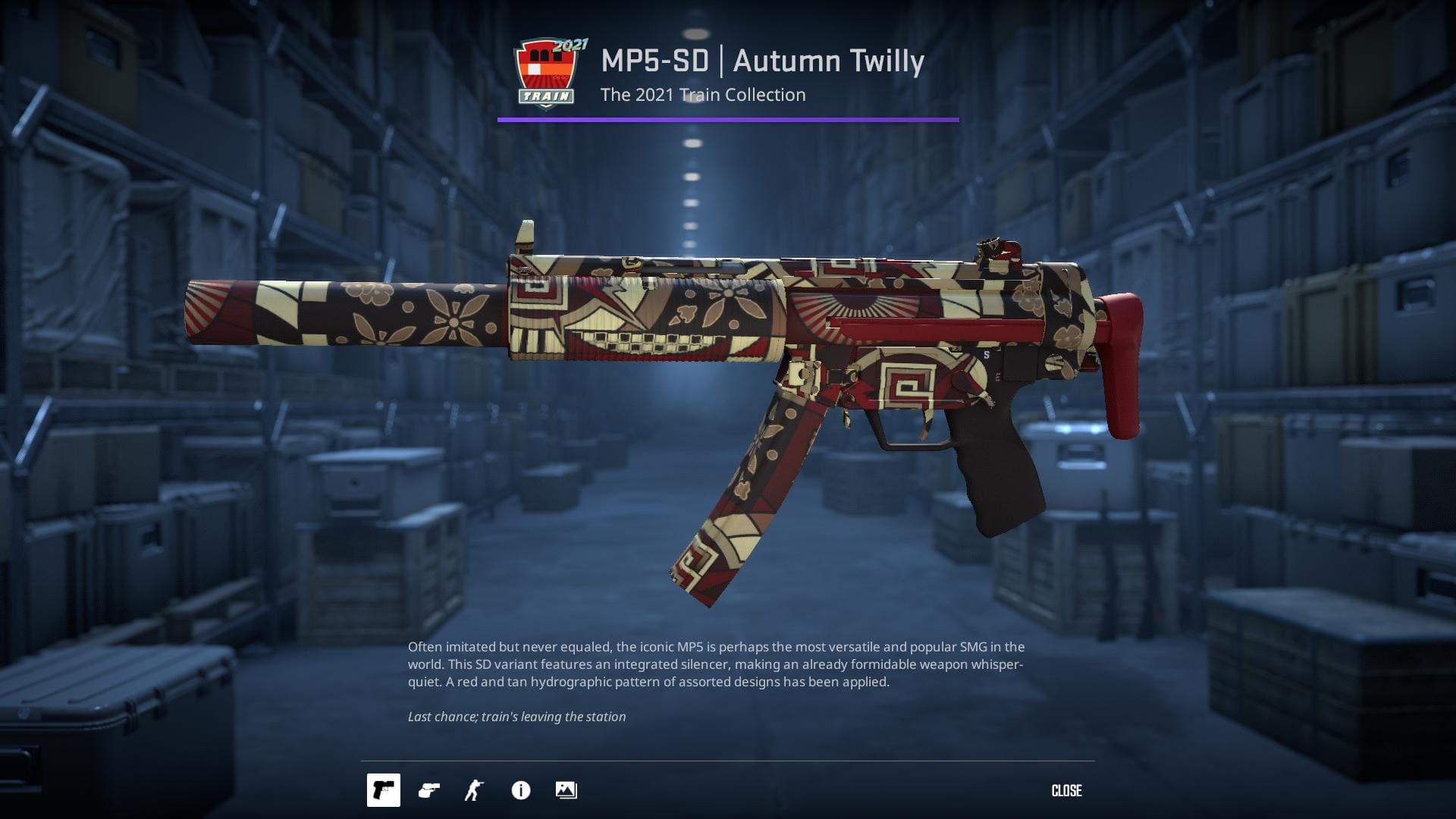 MP5-SD Autumn Twilly skin from Counter-Strike 2, featuring a red and tan hydrographic pattern.