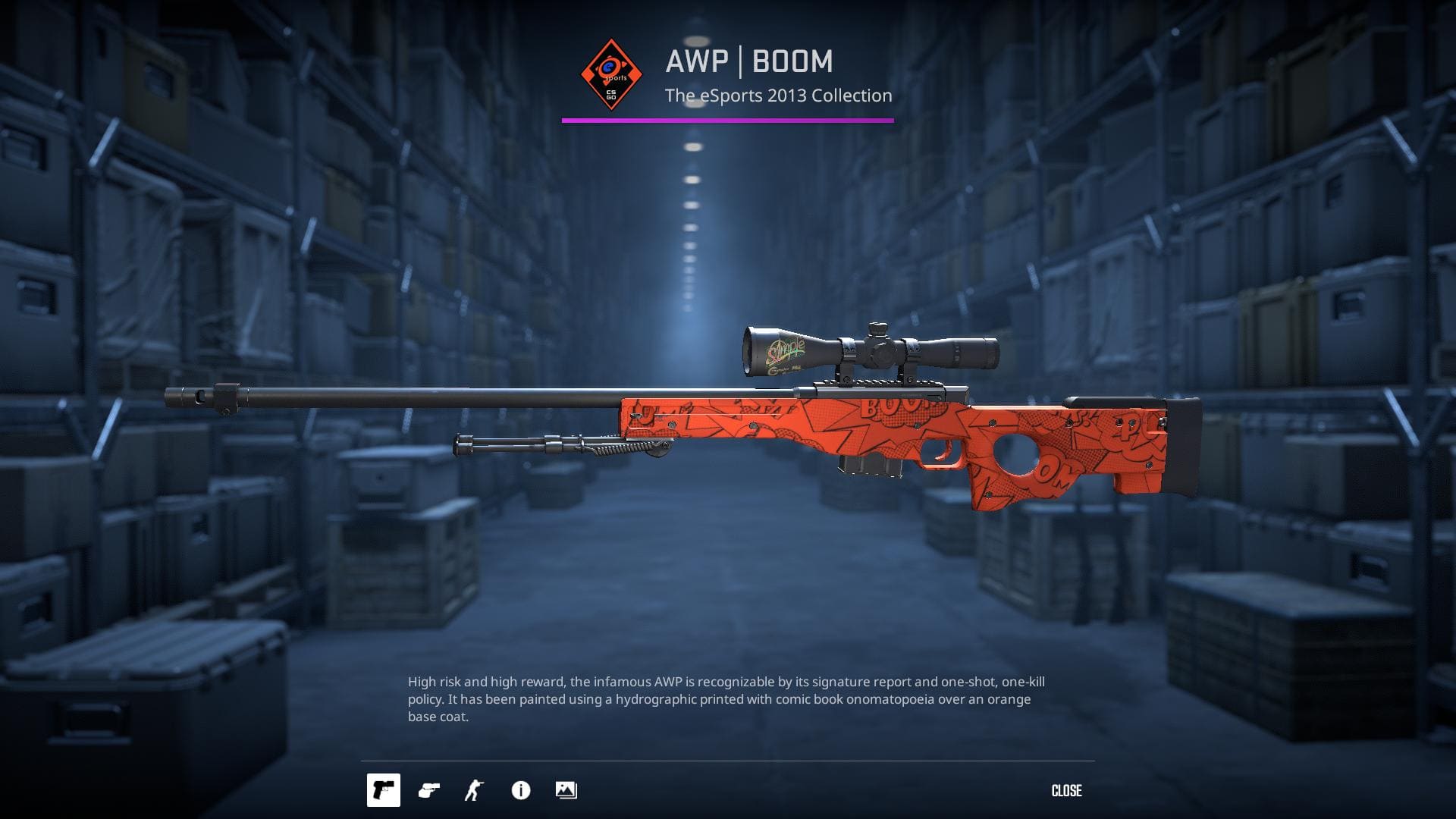 AWP BOOM skin with a vibrant, comic-inspired design featuring orange and black colors.