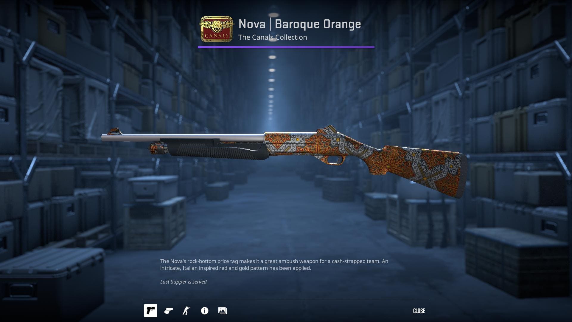 Nova Baroque Orange skin from the Canals Collection in Counter-Strike 2.