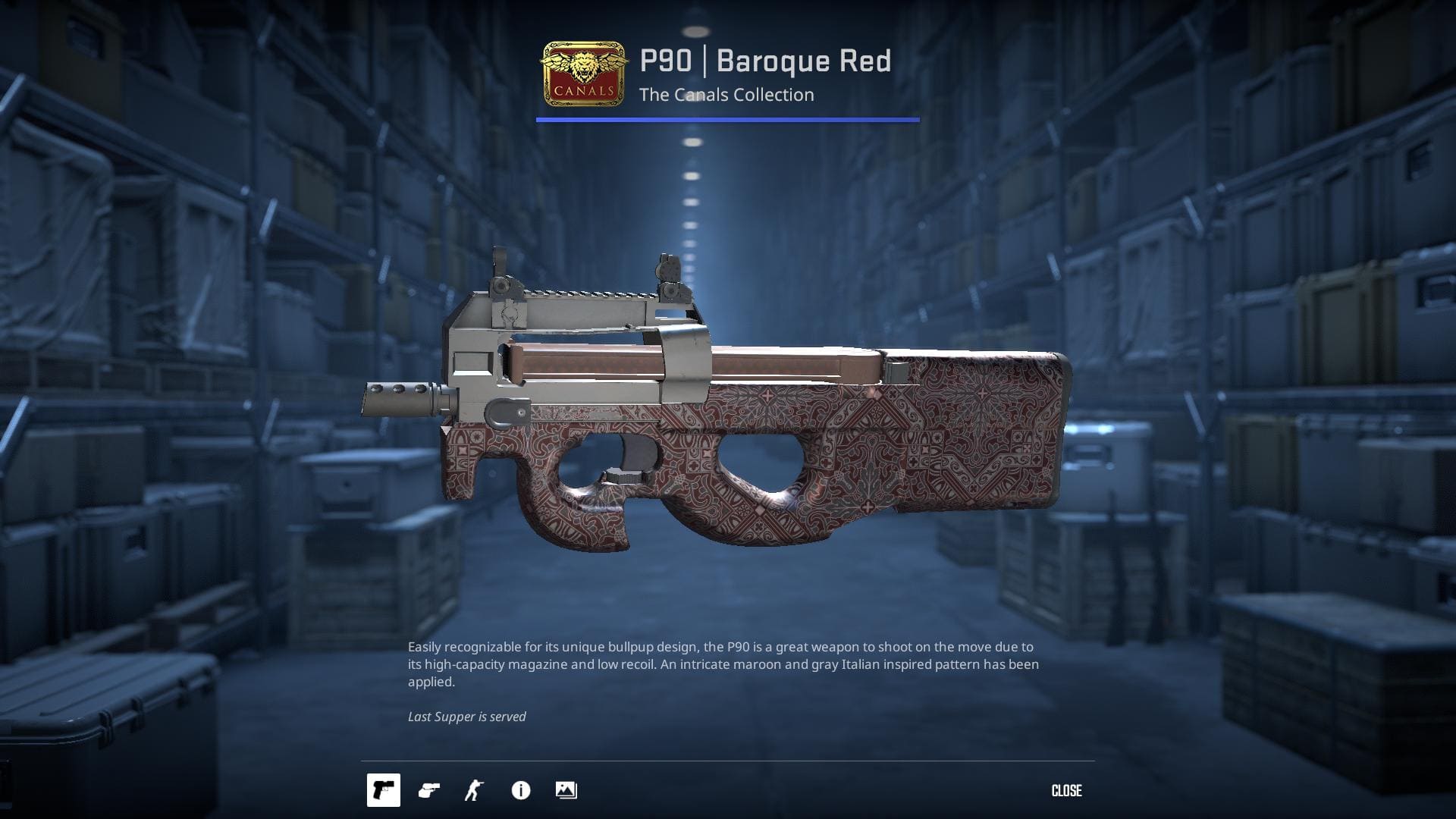 An image of the P90 submachine gun with a Baroque Red skin, featuring an intricate maroon and gray Italian-inspired pattern.