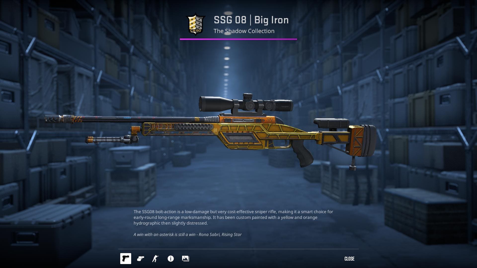 SSG 08 Big Iron rifle skin with a yellow and orange hydrographic design.