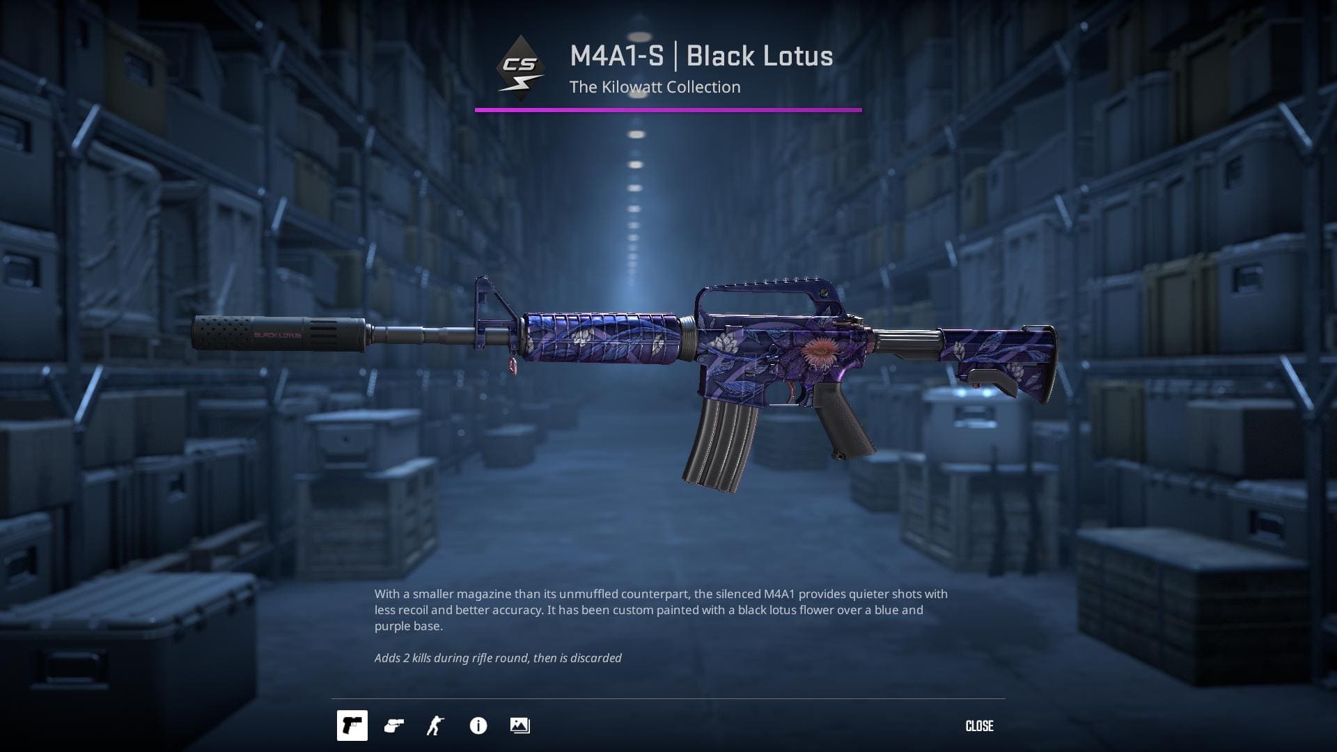 A high-definition image of the M4A1-S Black Lotus skin from Counter-Strike 2, adorned with a black lotus flower over a blue and purple base.