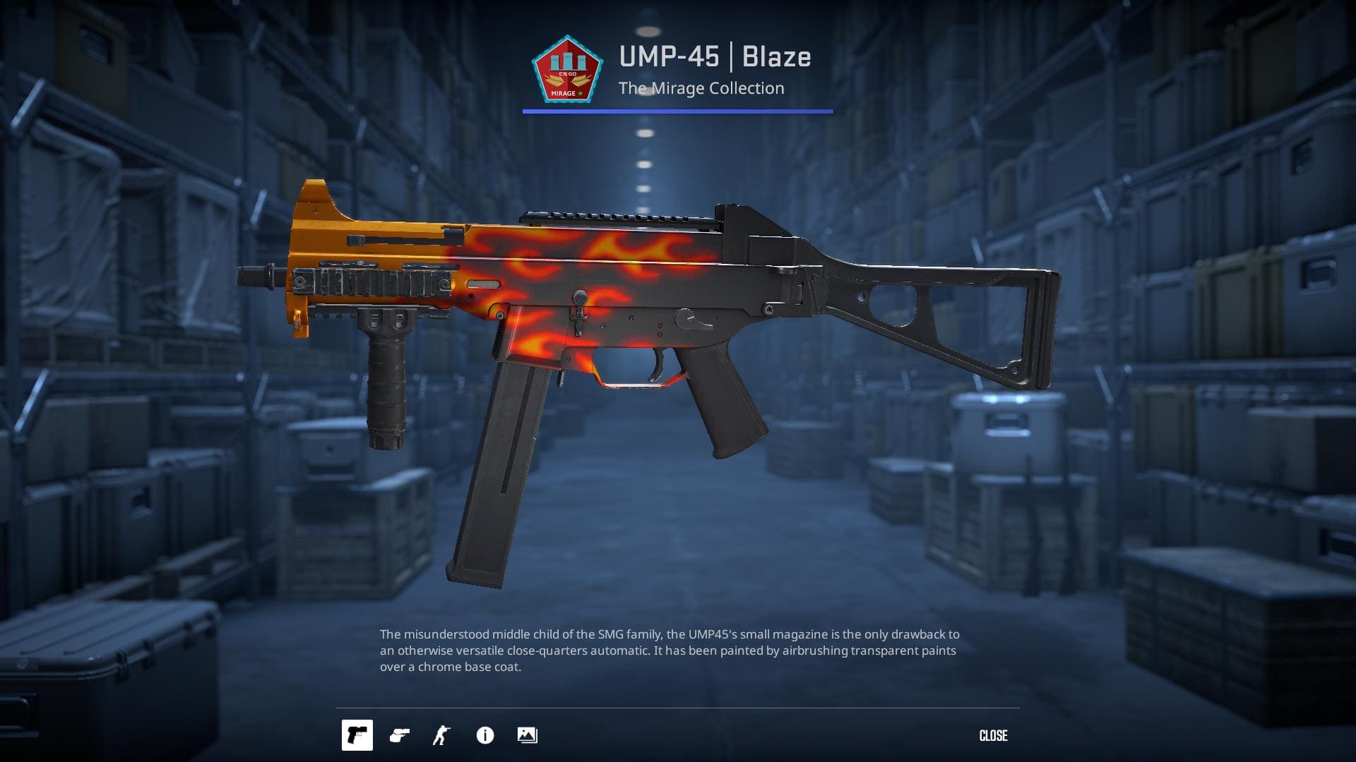 High-definition image of the UMP-45 Blaze submachine gun skin from Counter-Strike 2, featuring a fiery design with transparent paints over a chrome base coat.