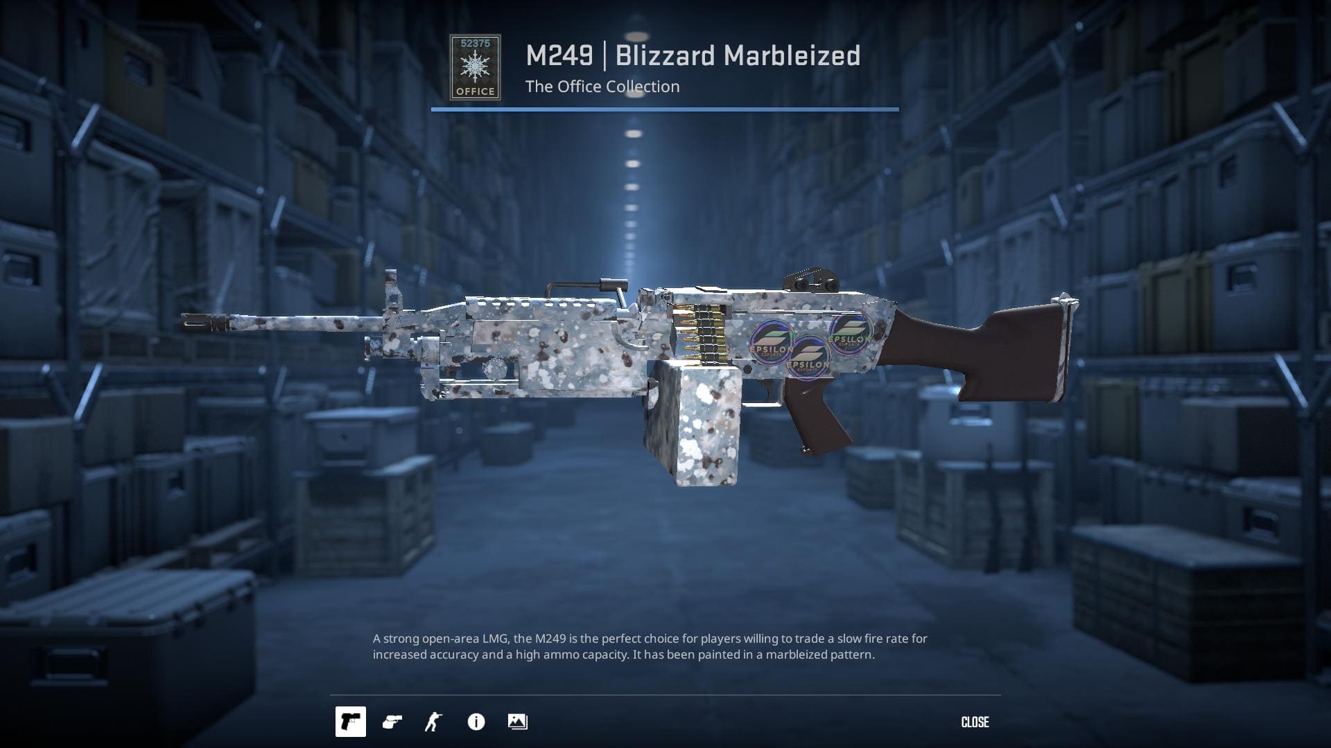 A winter-themed M249 machine gun skin from Counter-Strike 2, showcasing a marbleized pattern with cool, icy colors.