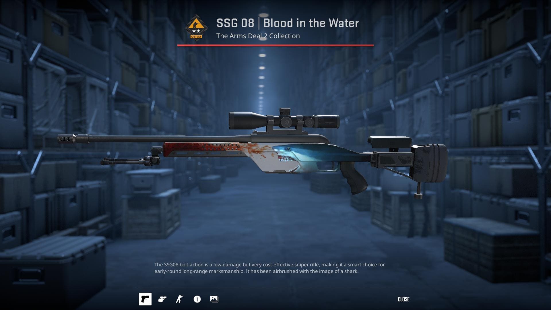 SSG 08 Blood in the Water rifle skin with a shark airbrushed design.