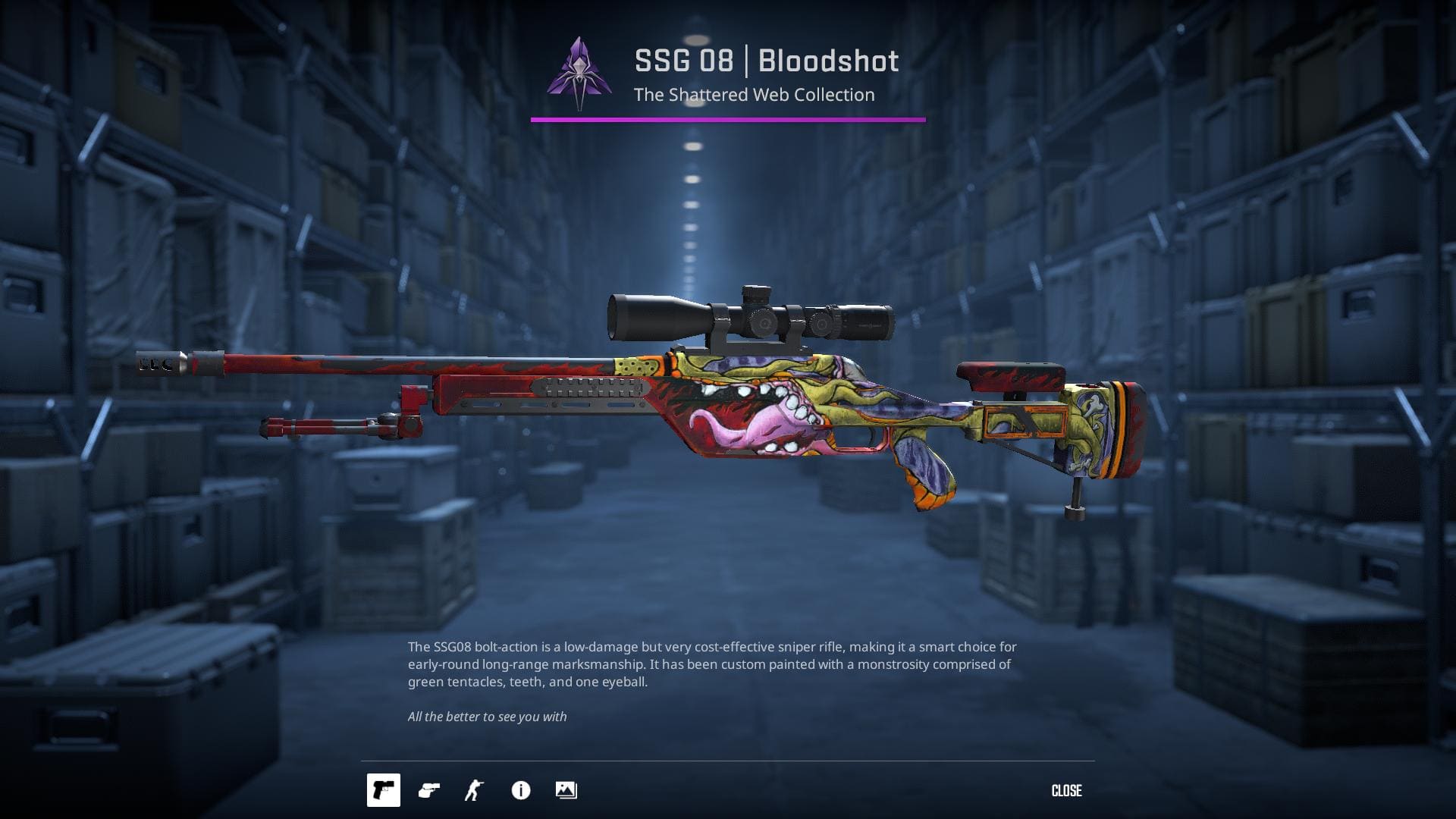 SSG 08 Bloodshot rifle skin with a monstrous design featuring green tentacles, teeth, and an eyeball.