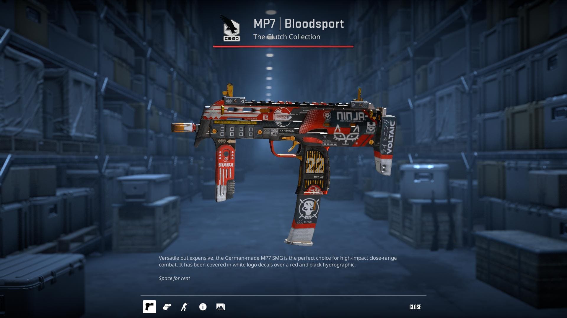 MP7 Bloodsport skin from Counter-Strike 2, showcasing a vibrant red and black design with various logos and decals.