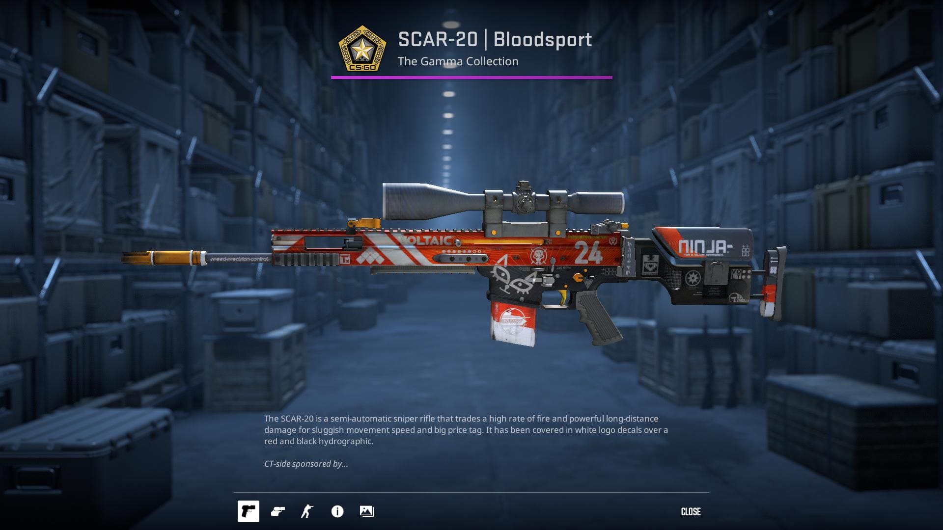 A detailed image of the SCAR-20 rifle skin named "Bloodsport" from the Gamma Collection in Counter-Strike 2. The rifle is covered in white logo decals over a red and black hydrographic.