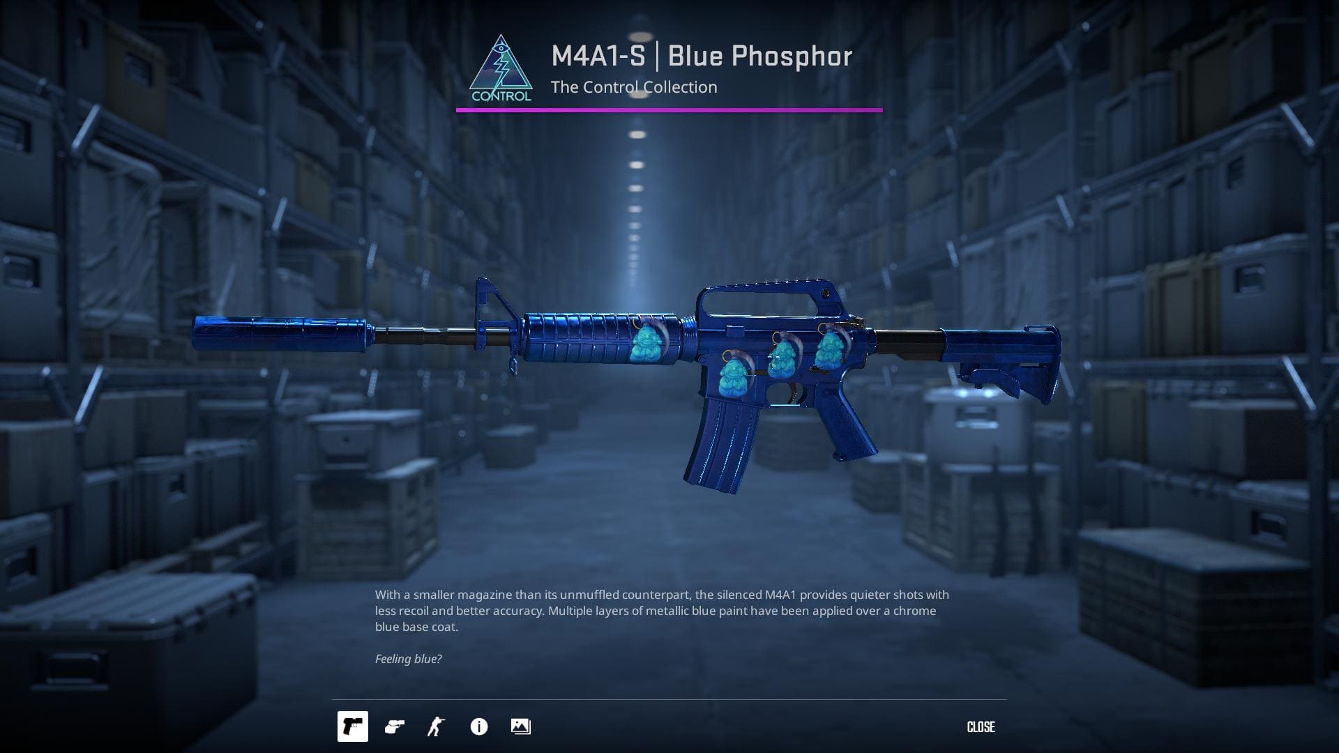 A detailed image of the M4A1-S Blue Phosphor skin from Counter-Strike 2, showcasing a metallic blue paint over a chrome base coat.