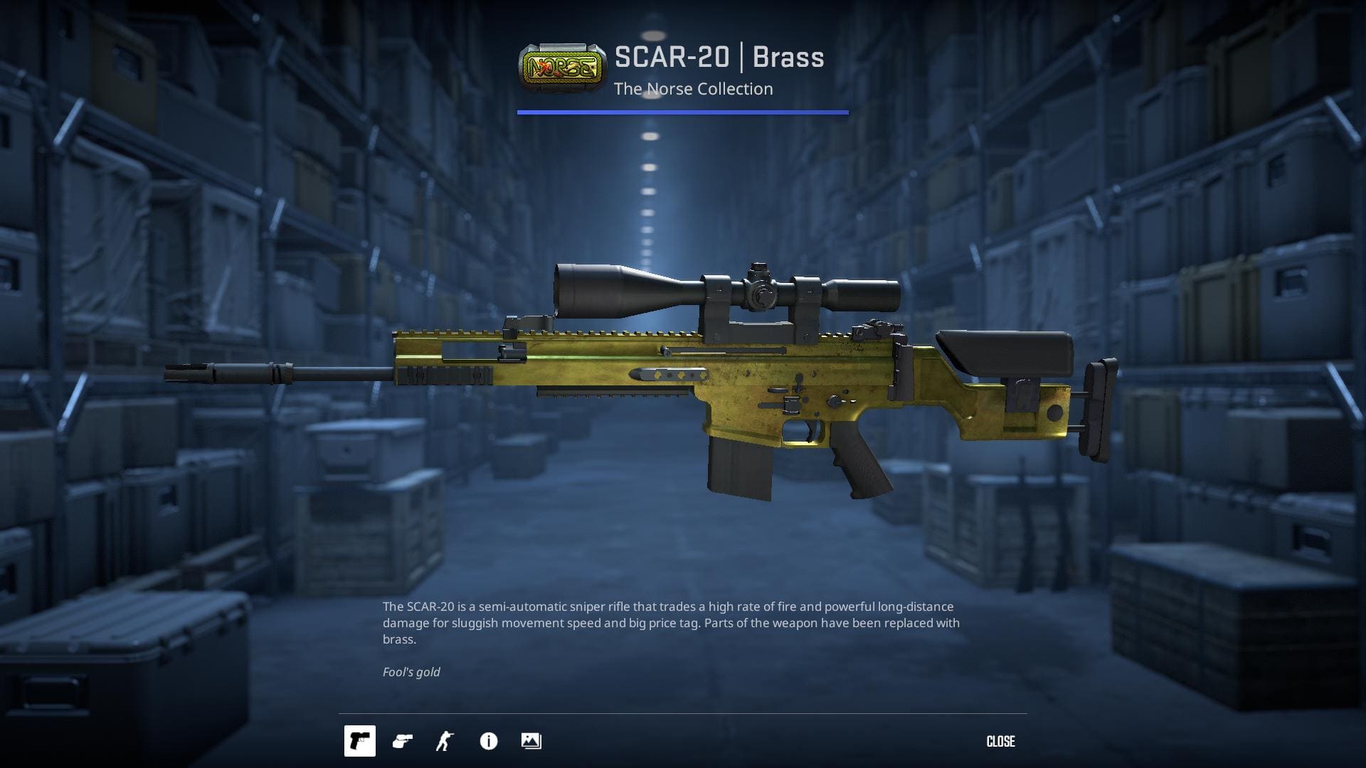 An image of the SCAR-20 rifle skin named "Brass" from the Norse Collection in Counter-Strike 2. The rifle has parts replaced with brass, giving it a golden appearance.