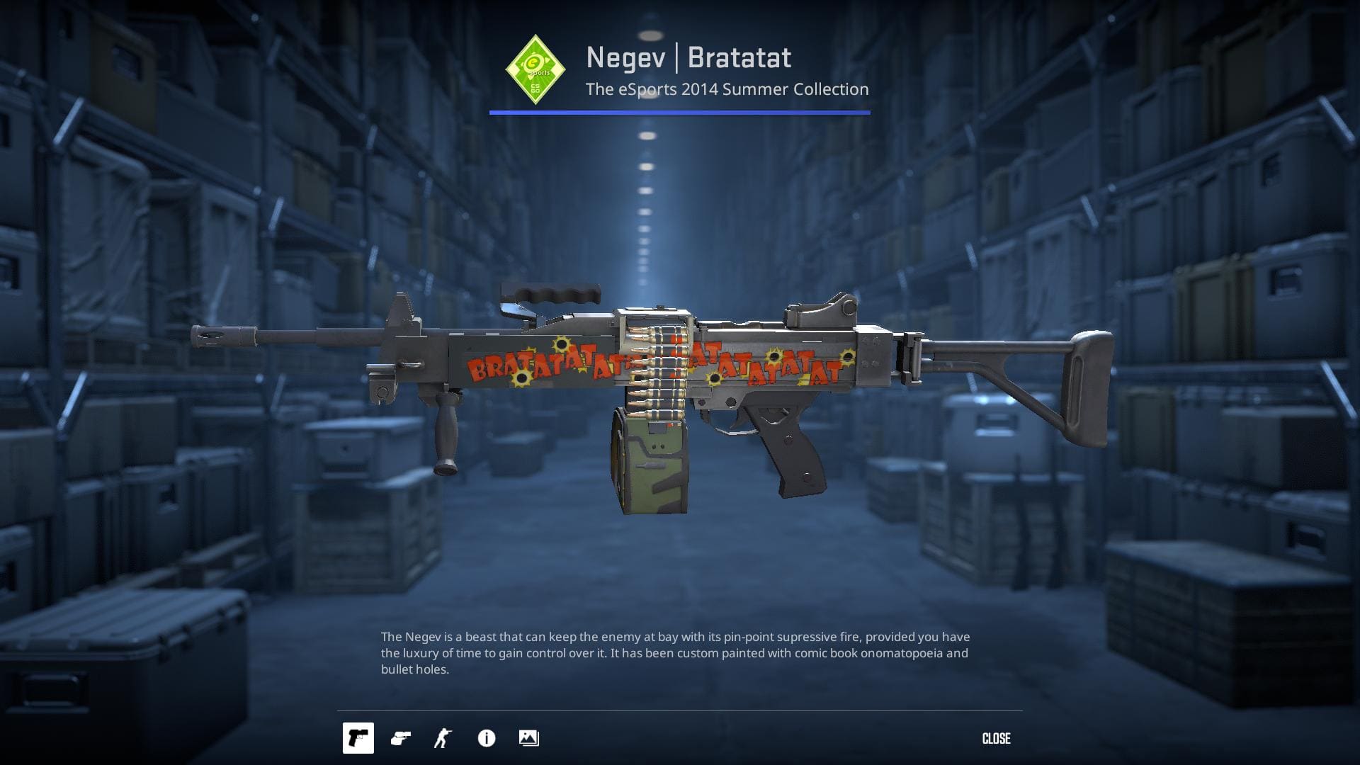 Negev Bratatat skin from the eSports 2014 Summer Collection, featuring comic book onomatopoeia and bullet holes.