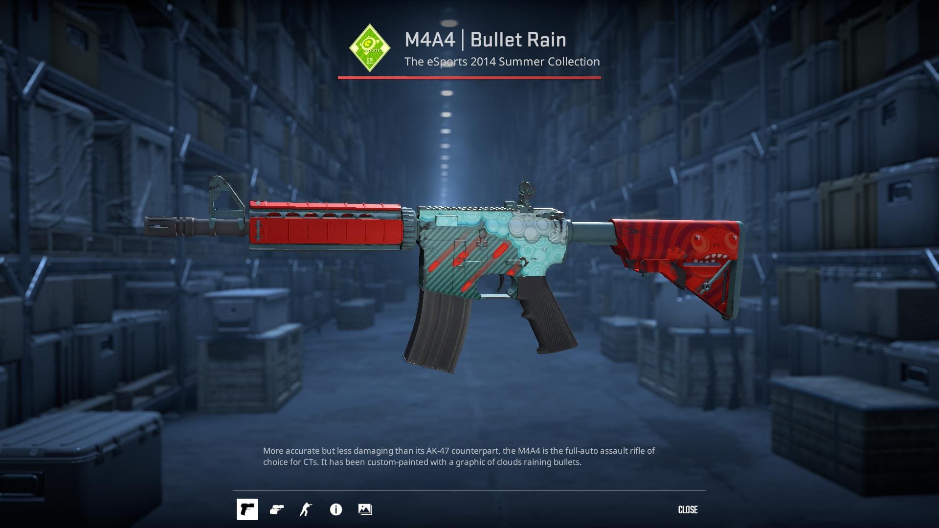 High-resolution image of the M4A4 Bullet Rain skin from Counter-Strike 2, featuring a graphic of clouds raining bullets.