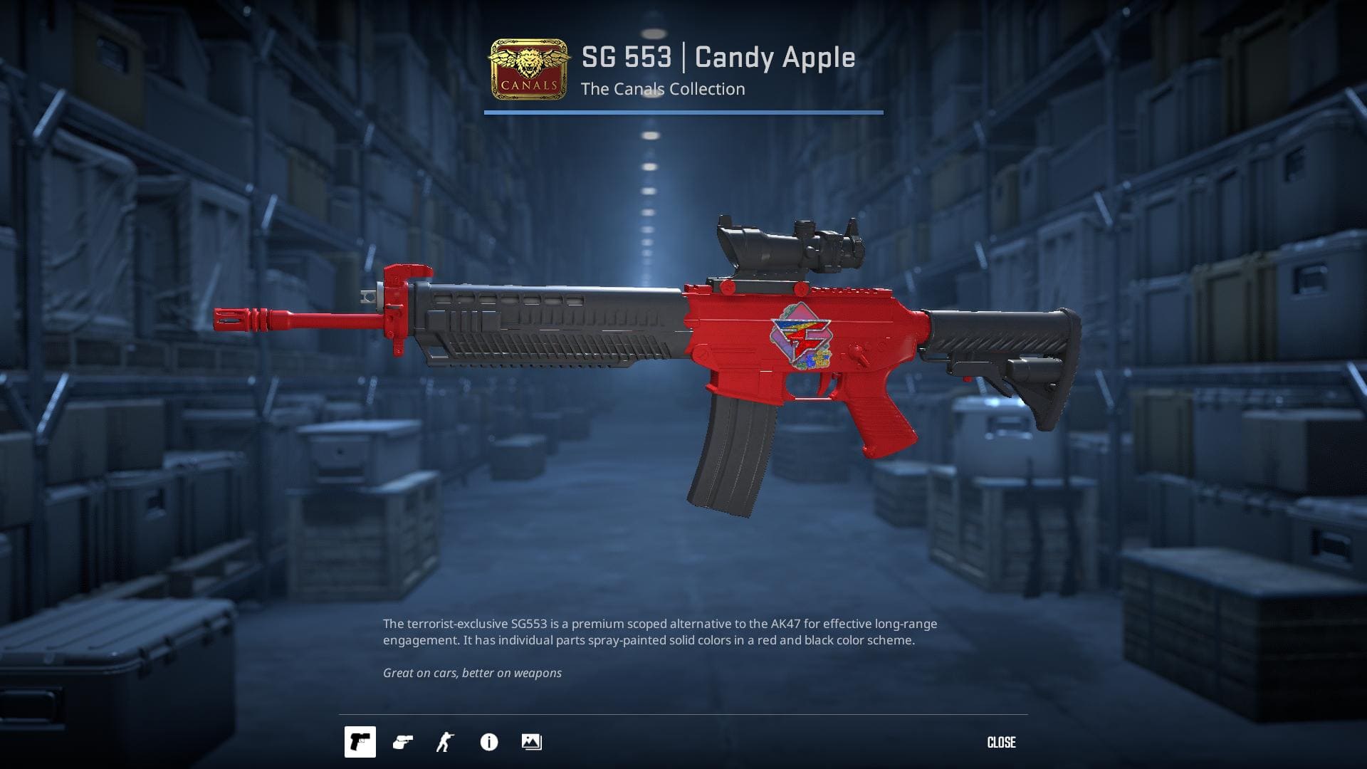 SG 553 Candy Apple skin with a bright red and black design.