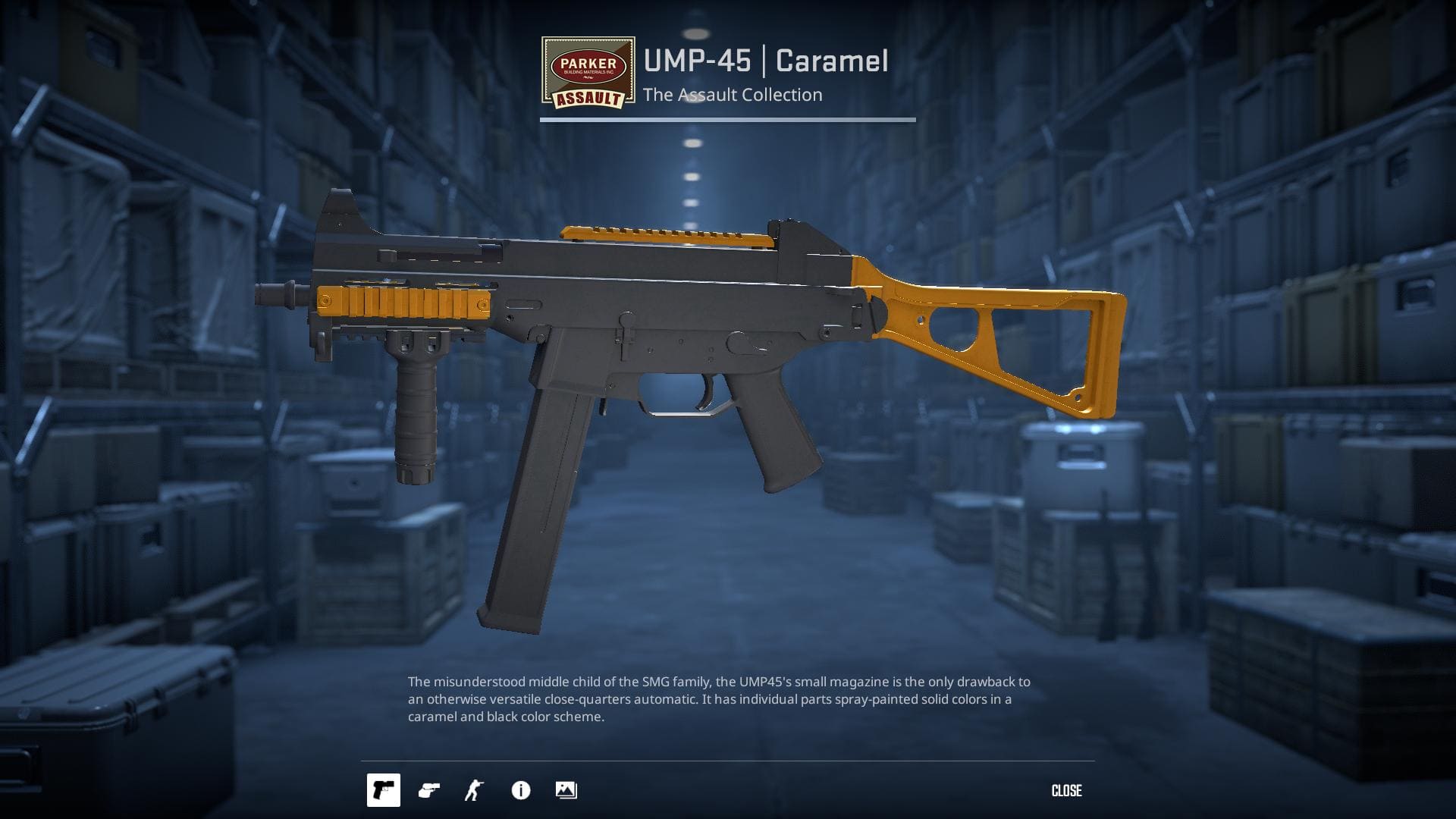 High-definition image of the UMP-45 Caramel submachine gun skin from Counter-Strike 2, featuring solid caramel and black colors.