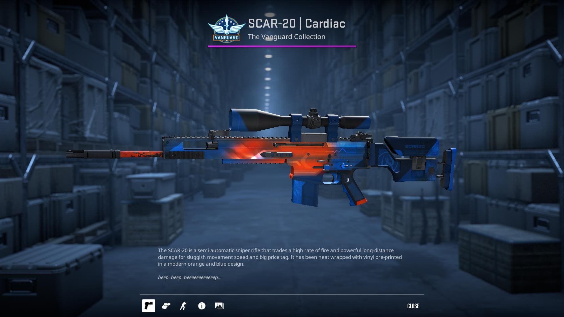 A high-definition image of the SCAR-20 rifle skin named "Cardiac" from the Vanguard Collection in Counter-Strike 2. The rifle is heat wrapped with vinyl pre-printed in a modern orange and blue design.